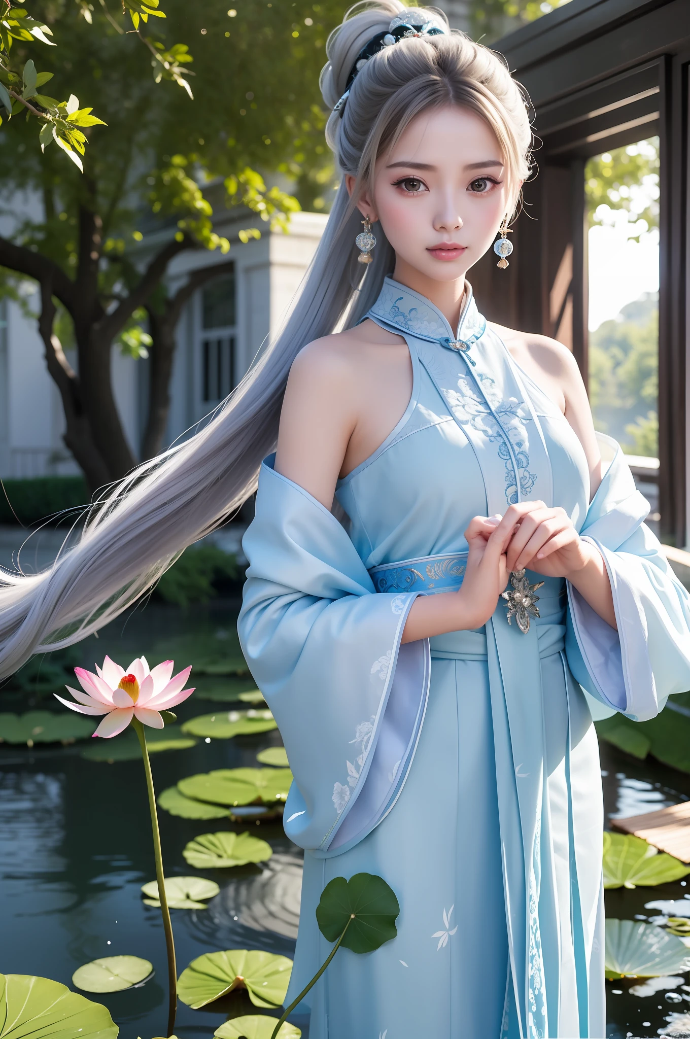 araffe woman in a blue dress standing in front of a pond, palace , a girl in hanfu, with acient chinese clothes, wearing ancient chinese clothes, chinese style, hanfu, traditional chinese clothing, chinese costume, a beautiful fantasy empress, inspired by Huang Ji, inspired by Lan Ying, cheongsam, sha xi, chinese dress, gorgeous chinese model