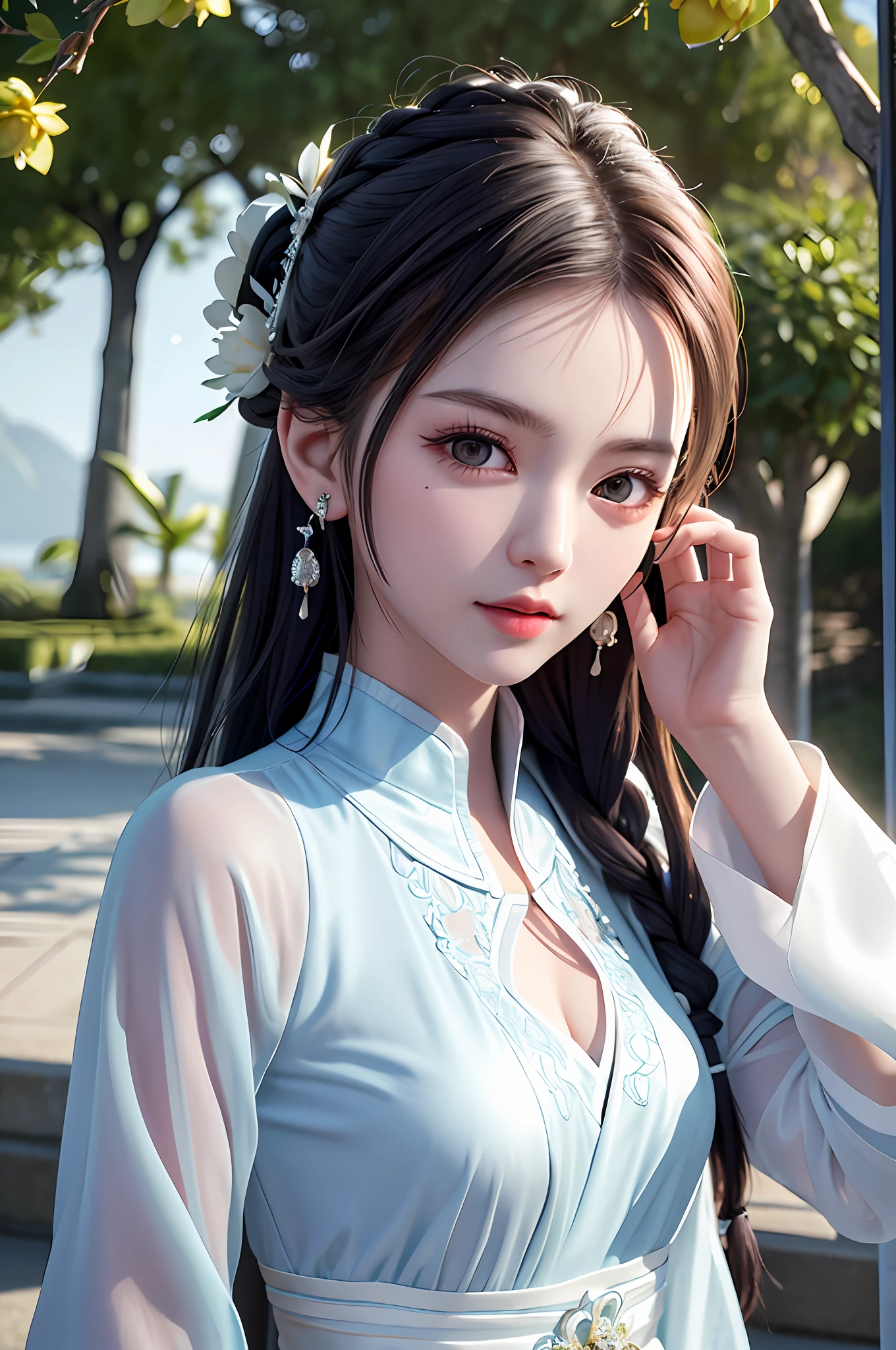 (best quality, masterpiece:1.2), ultra high res, realistic, front lighting, intricate detail, Exquisite details and textures, 1girl, solo ,(young), face highlight, upper body, detailed face, tear mole, shiny skin, silver hair, ponytail, braid hair, looking at viewer, big eyes, silk robe, (hollow pattern, white, silk), earrings, small breasts, slim body, architecture, east asian, riverside, a lotus leaf, a lotus flower, forest, professional lighting, photon mapping, radiosity, physically-based rendering,