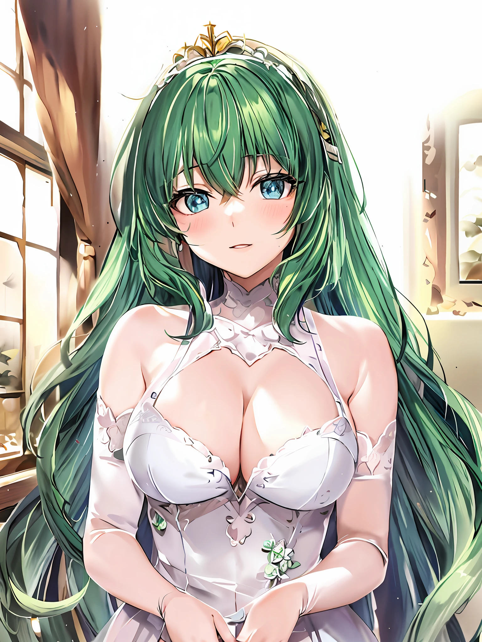 Anime girl with green hair and wedding dress with neckline posing in a garden, blue eyes, crown on head, ((big breasts)), seductive anime girl, beautiful seductive anime woman, beautiful anime girl, ((detailed digital anime art)), beautiful anime woman, soft anime cg art, moe artstyle anime, detailed anime art, anime goddess, [4k digital art]!!, cute anime waifu in a low-cut dress