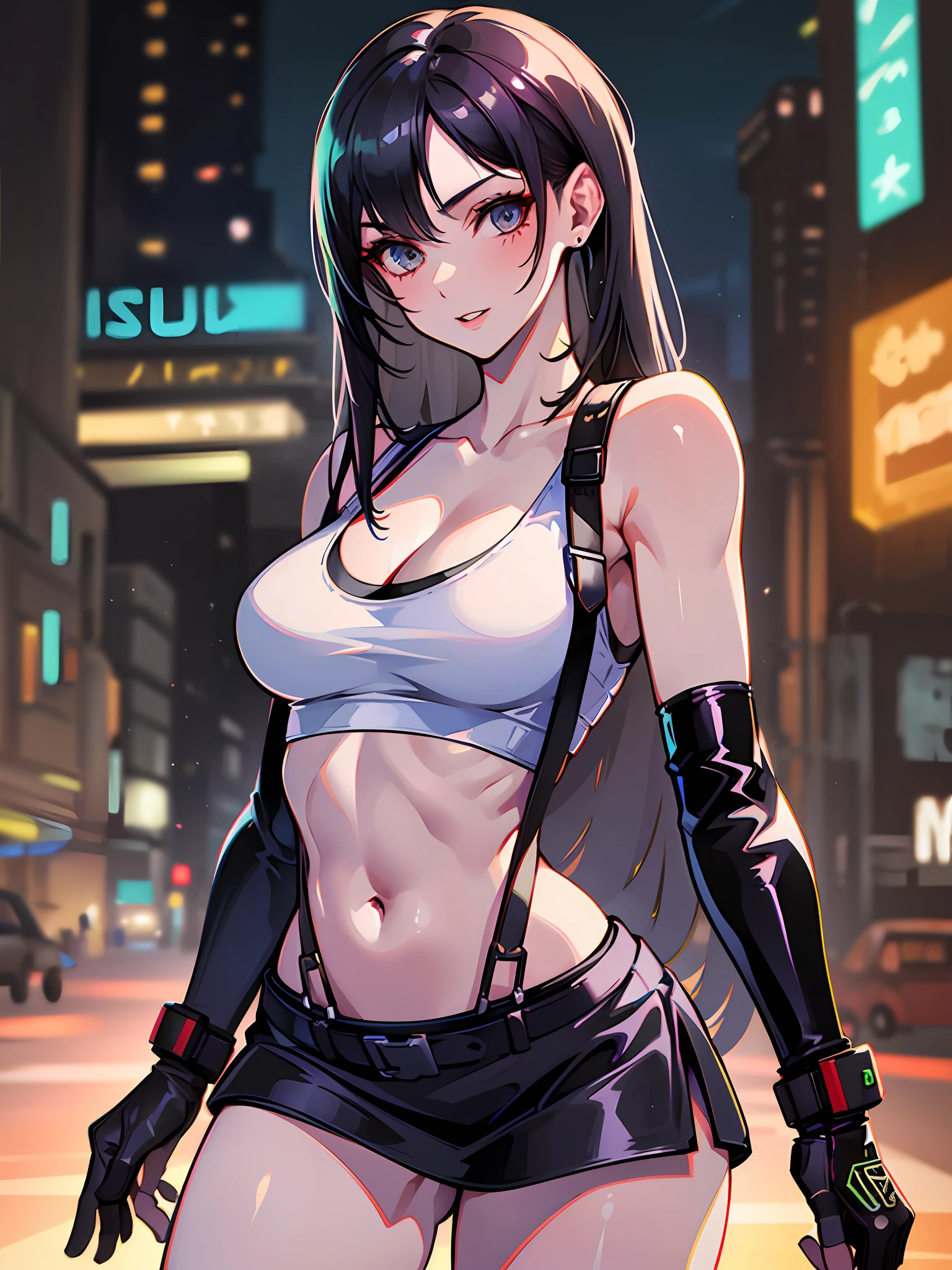 Tattered little white tank top, no bra, (black miniskirt: 1.15), (suspenders: 1.2), thick leather gloves, solo, woman, (pyoapple v1:1.05), pio apple, (parted lips, light smile), (shiny skin: 1.1), blush, (bangs)), long hair, clenched fist, duke, fighting pose, skindentation, ((slim slender body )), (long legs), model figure, top quality, ultra high resolution, (photorealistic), (detailed face and eyes), industrial slam cyberpunk dystopia background, white tank top, white tank top, belly button out, belly visible