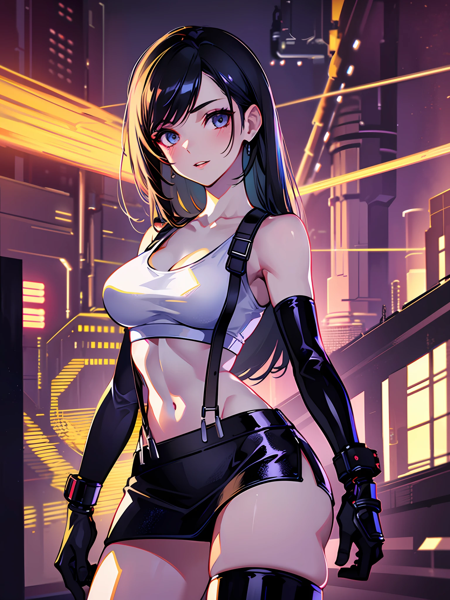 Tattered little white tank top, no bra, (black miniskirt: 1.15), (suspenders: 1.2), thick leather gloves, solo, woman, (pyoapple v1:1.05), pio apple, (parted lips, light smile), (shiny skin: 1.1), blush, (bangs)), long hair, clenched fist, duke, fighting pose, skindentation, ((slim slender body )), (long legs), model figure, top quality, ultra high resolution, (photorealistic), (detailed face and eyes), industrial slam cyberpunk dystopia background, white tank top, white tank top, belly button out, belly visible