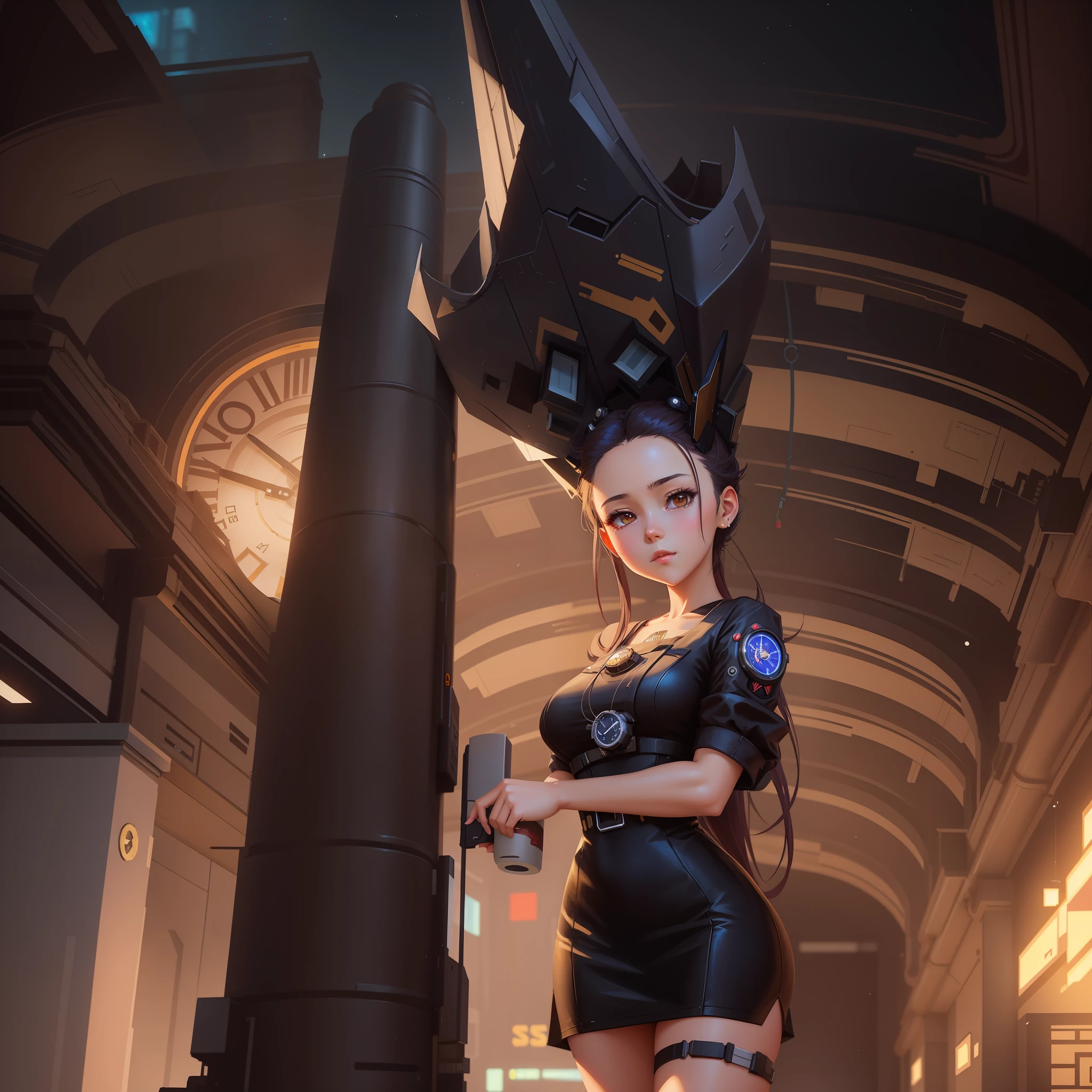 anime girl in black dress standing in a building with a clock, artwork in the style of guweiz, guweiz, guweiz on artstation pixiv, guweiz on pixiv artstation, digital cyberpunk anime art, portrait anime space cadet girl, guweiz masterpiece, cyborg merchant girl, cyberpunk anime girl, trending on artstation pixiv