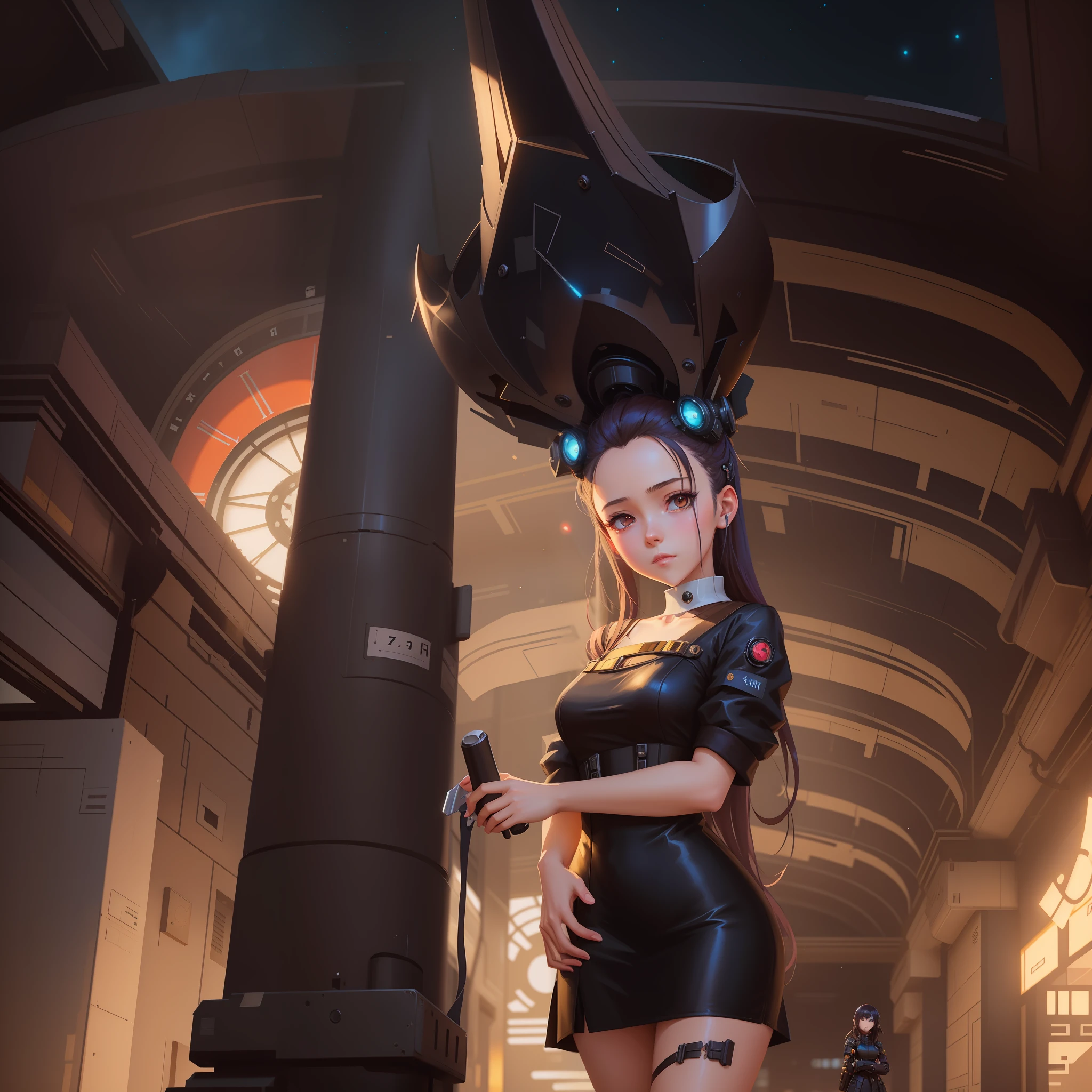 anime girl in black dress standing in a building with a clock, artwork in the style of guweiz, guweiz, guweiz on artstation pixiv, guweiz on pixiv artstation, digital cyberpunk anime art, portrait anime space cadet girl, guweiz masterpiece, cyborg merchant girl, cyberpunk anime girl, trending on artstation pixiv