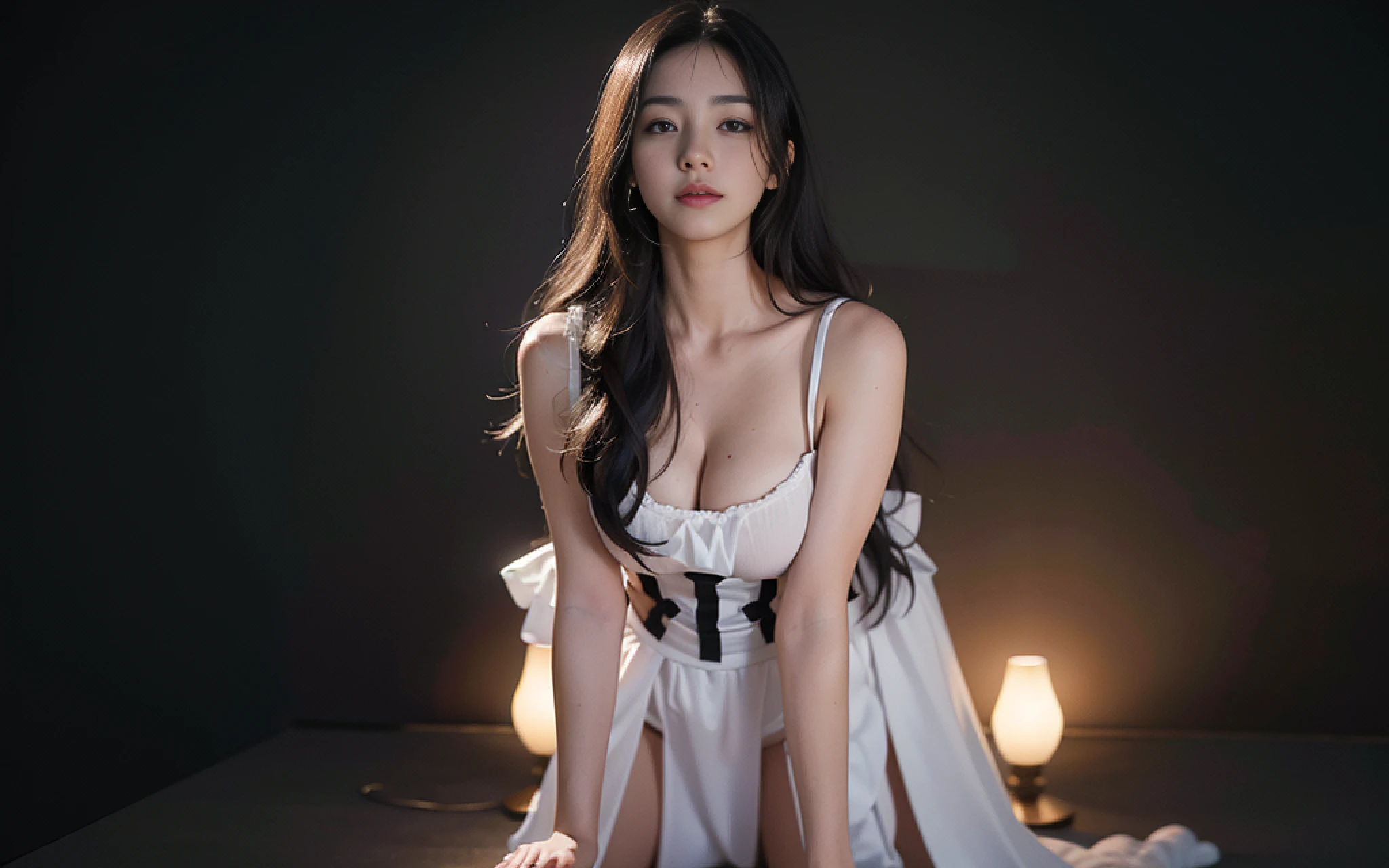 Best Quality, Masterpiece, High Resolution, Physically Based Rendering, (Realism, Photo Realism: 1.37), 1Girl, Long Vest, Beautiful Face, Black Hair, Looking at the Audience, Shy, Smiling, Big Eyes, Beautiful Face, Body, Big Boobs, Deep Cleavage, Realism, White Studio, Pure White Background, Edge Lighting, Two-Color Illumination, (High Detail Skin: 1.2), 8k UHD, High Quality, Volume Lighting, Photo, High Resolution 4K, 8K, Blurred Background