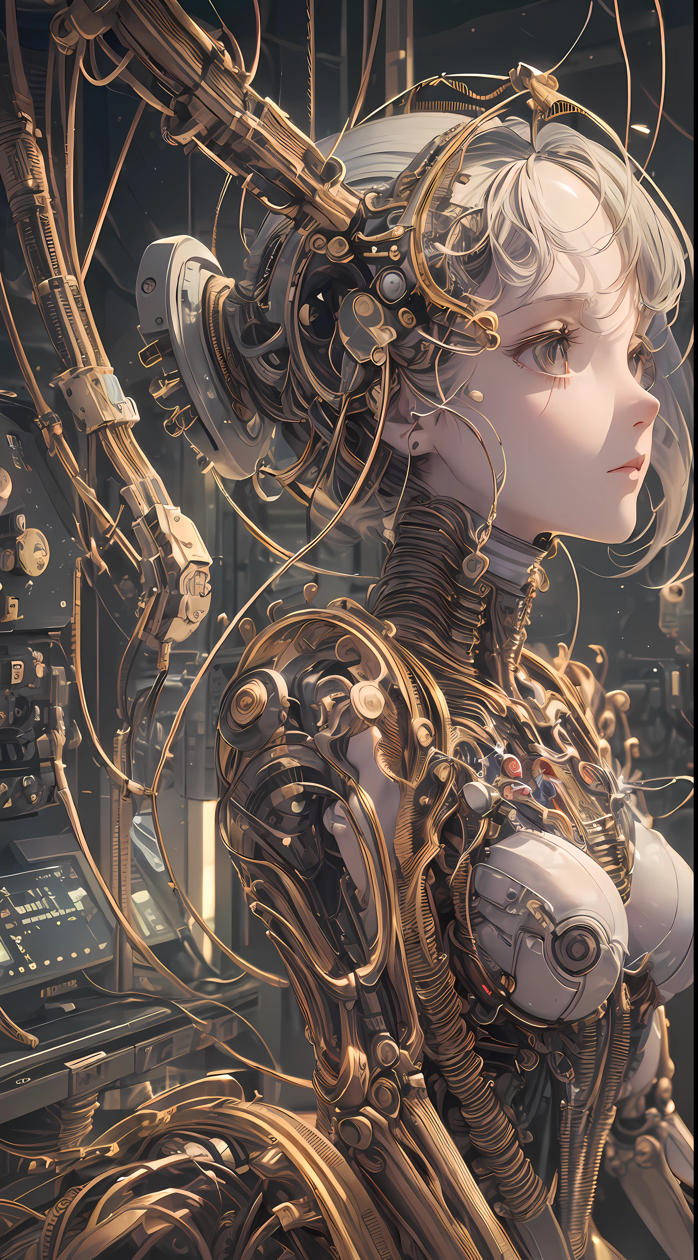 (((masterpiece))), (((best quality))), ((ultra-detailed)), (highly detailed CG illustration), ((an extremely delicate and beautiful)),(cute delicate face),cinematic light,((1mechanical girl)),solo,full body,(machine made joints:1.4),((machanical limbs)),(blood vessels connected to tubes),((mechanical vertebra attaching to back)),((mechanical cervial attaching to neck)),((sitting)),expressionless,(wires and cables attaching to head and body:1.5),(character focus),science fiction --auto --s2