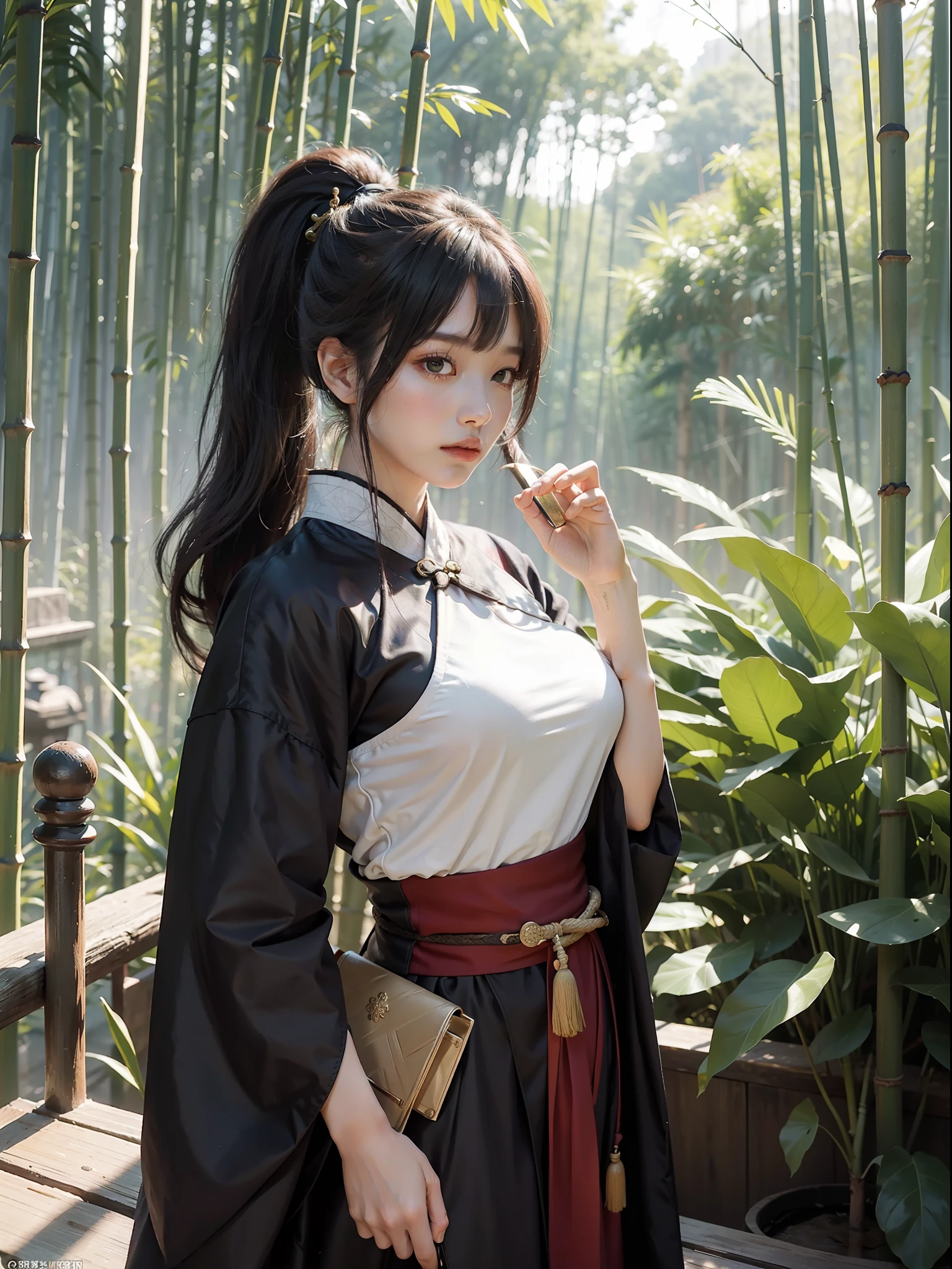 (Female: 1.2), (Big breasts: 1.2), (Qi bangs, ponytail), (Ancient, heroine), Hanfu, (holding a Chinese long sword), standing in a bamboo forest with a cloak on his head, masterpiece, realistic