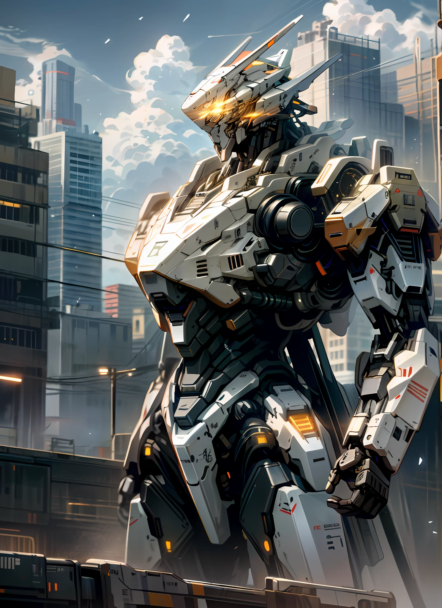 sky, cloud, holding_weapon, no_humans, glowing, , robot, building, glowing_eyes, mecha, science_fiction, city, realistic,mecha