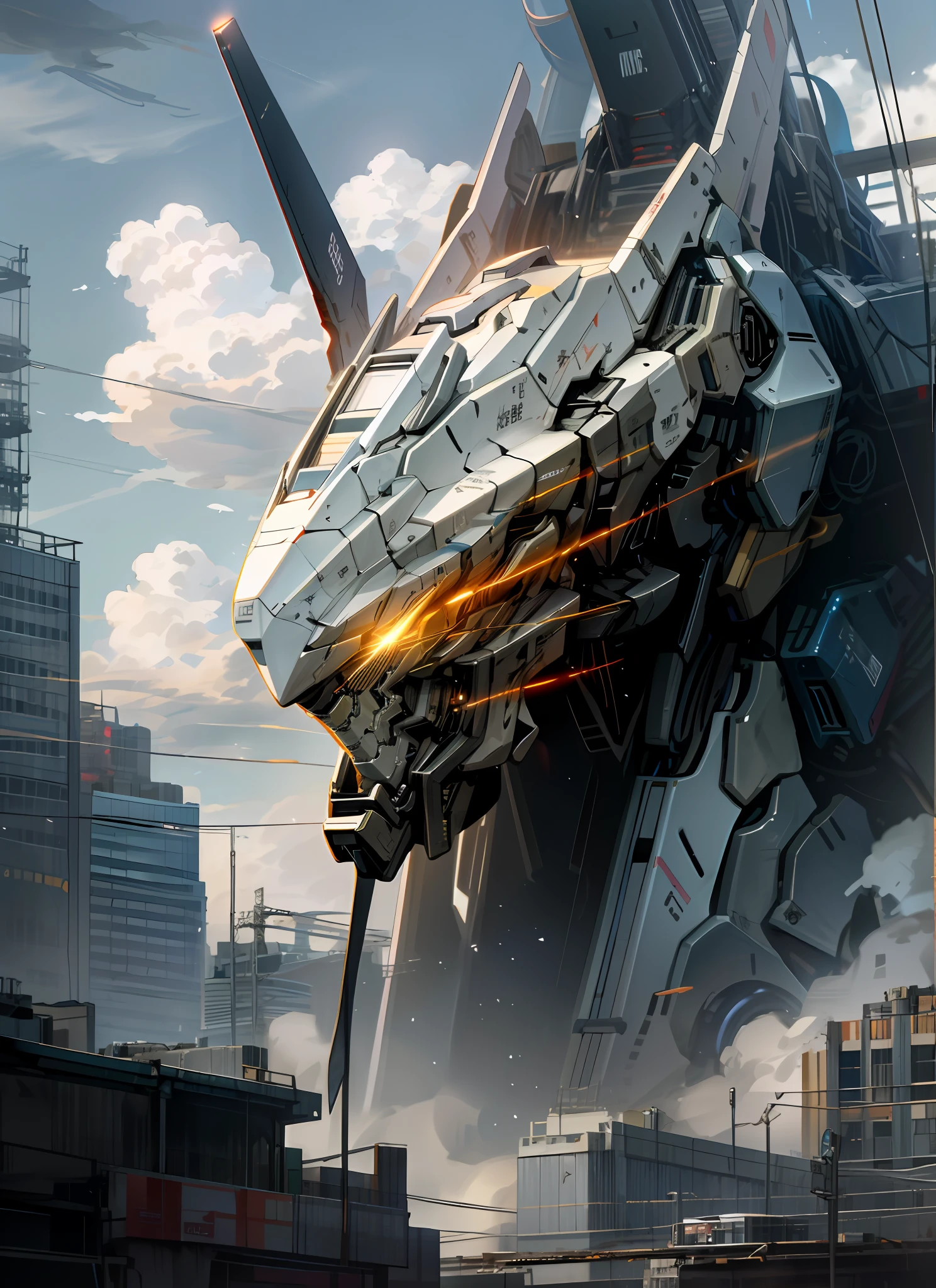 sky, cloud, holding_weapon, no_humans, glowing, , robot, building, glowing_eyes, mecha, science_fiction, city, realistic,mecha