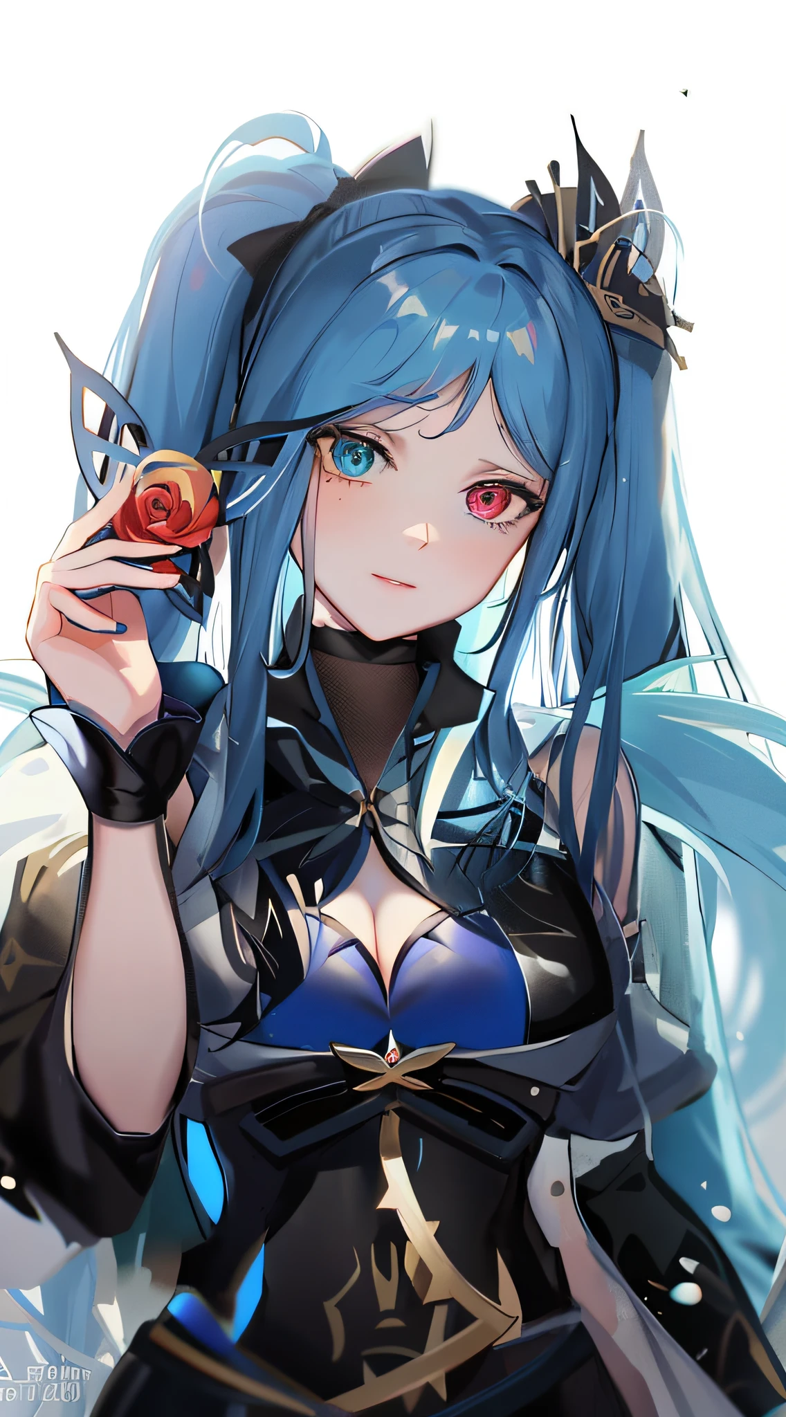 (UHD, best quality, masterpiece: 1.2), ((large )), ((blue hair)), ((heterochromia)), anime girl with a mask and a rose in hand, anime goddess, fanart marin kitagawa, anime moe artstyle, rin, ayaka genshin impact, anime waifu, extremely detailed artgerm, kda, fantastic background, red butterf, waifu, by Kamagurka, digital art in pixiv, ((high resolution)),
