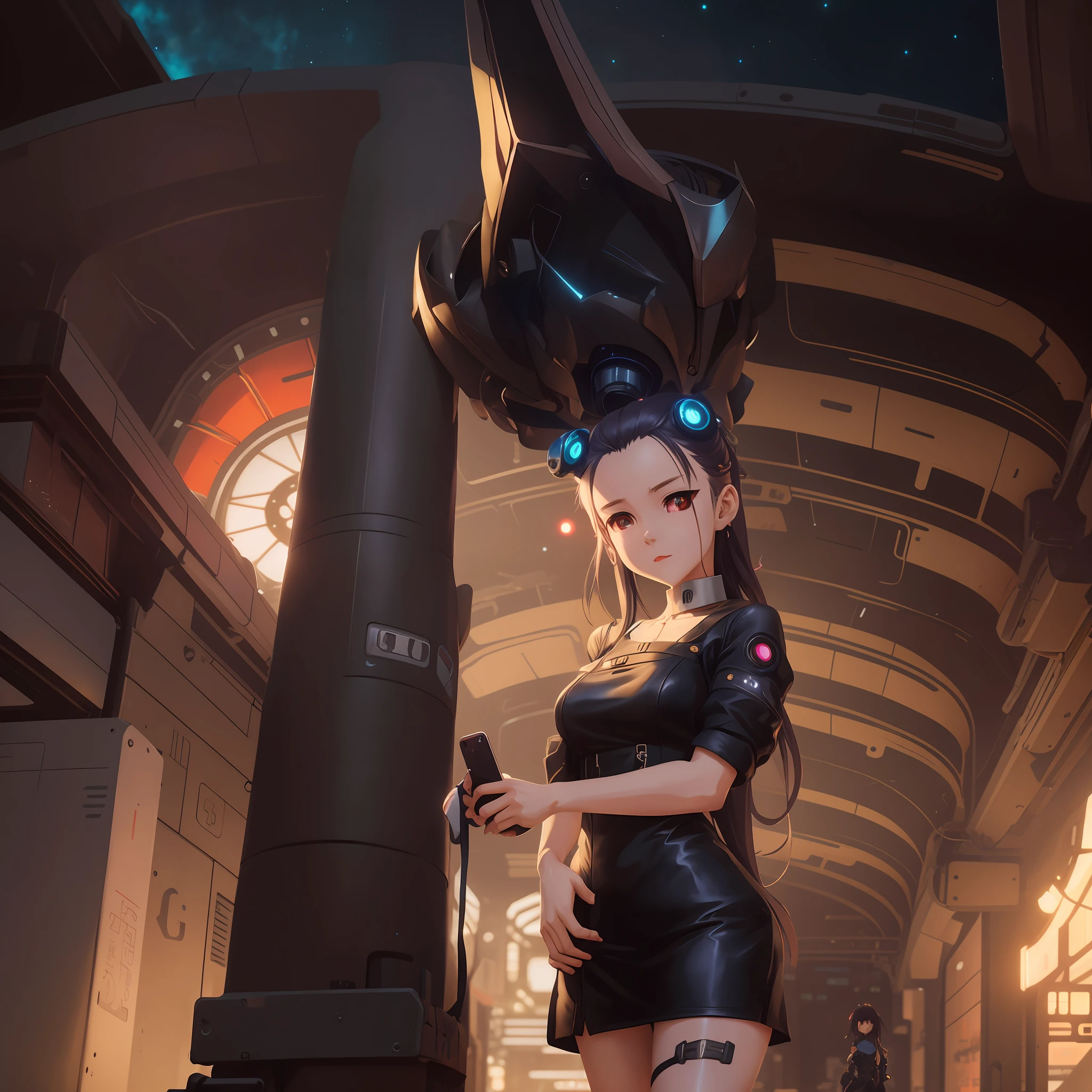 anime girl in a black leather outfit holding a cell phone, cyberpunk anime girl mech, digital cyberpunk anime art, girl in mecha cyber armor, artwork in the style of guweiz, trending on cgstation, artgerm and atey ghailan, wlop and krenz cushart, cyborg merchant girl, portrait anime space cadet girl, cyberpunk anime girl