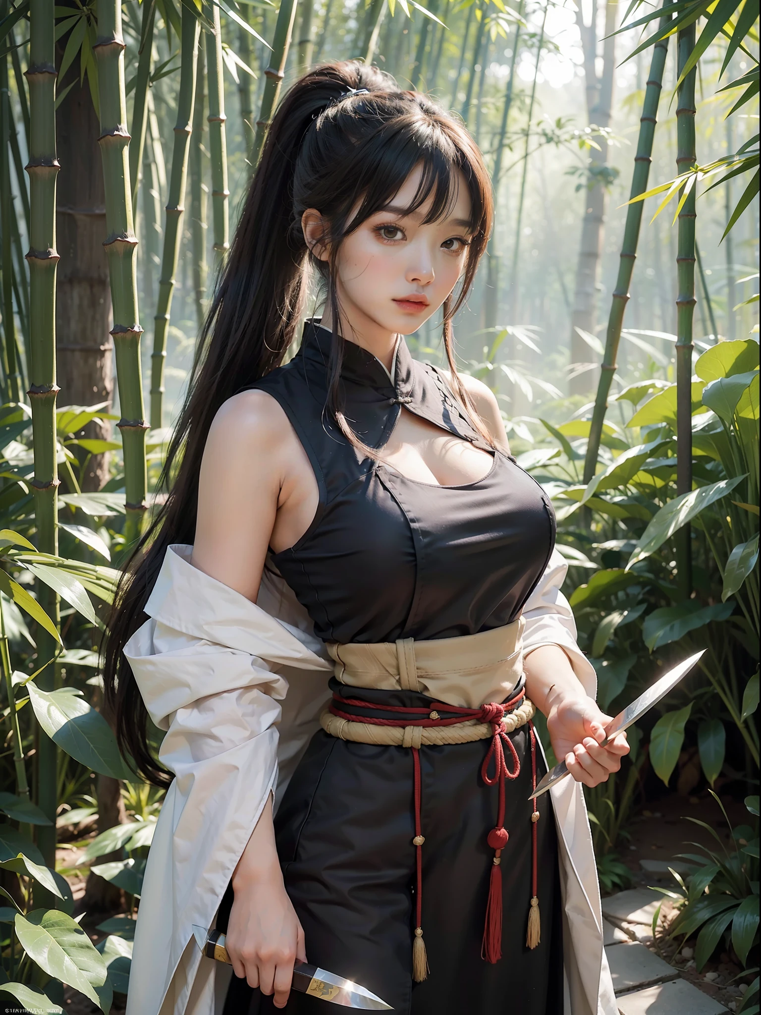 (Female: 1.2), (Big breasts: 1.2), (Qi bangs, ponytail), (Ancient, heroine), Hanfu, (holding a Tang knife), standing in a bamboo forest with a cloak on his head, masterpiece, realistic