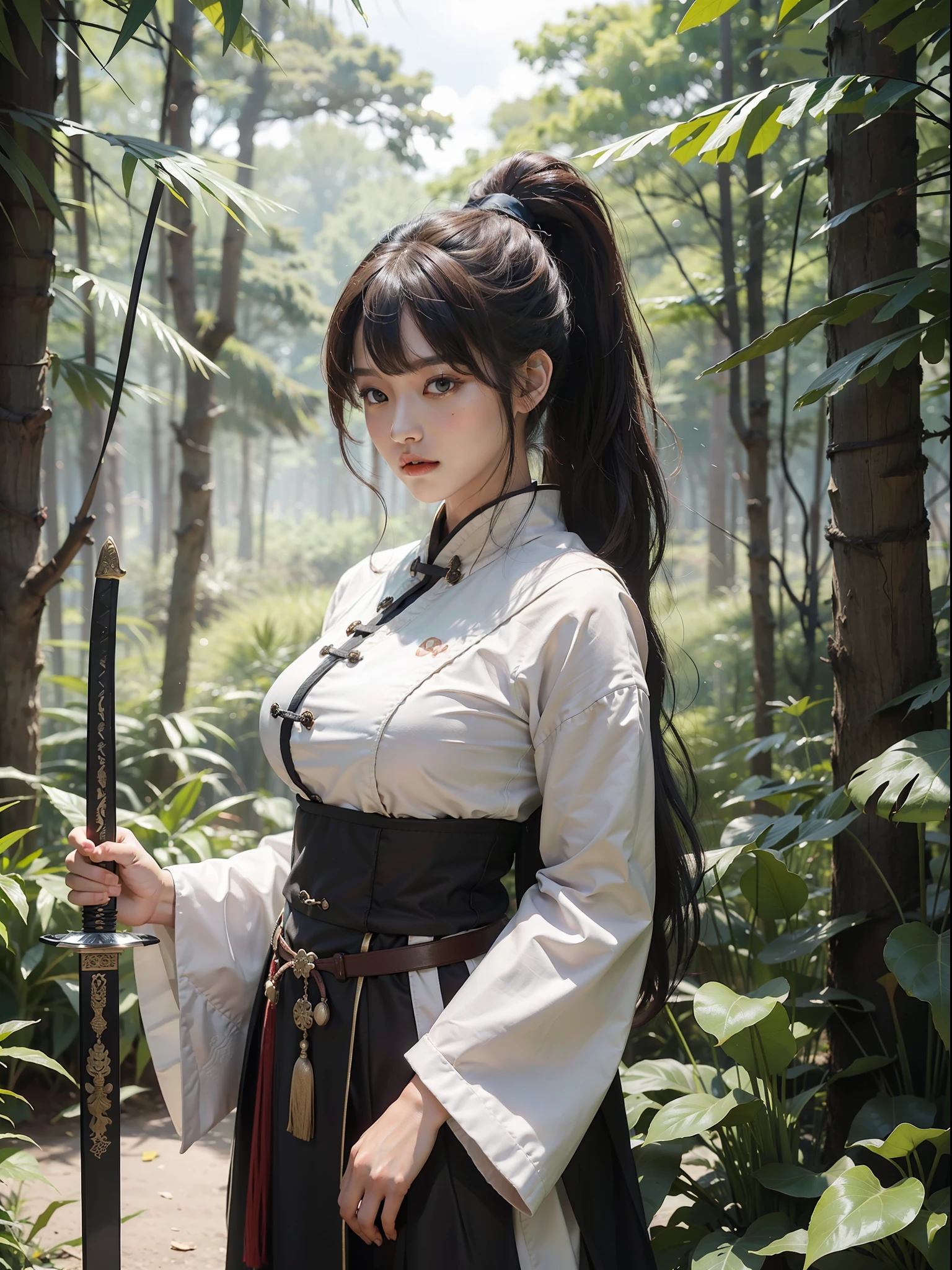 (Female: 1.2), (Big breasts: 1.2), (Qi bangs, ponytail), (Ancient, heroine), Hanfu, (holding a Chinese long sword), standing in the forest with a cloak on his head, falling leaves, looking at the audience, masterpiece, realistic