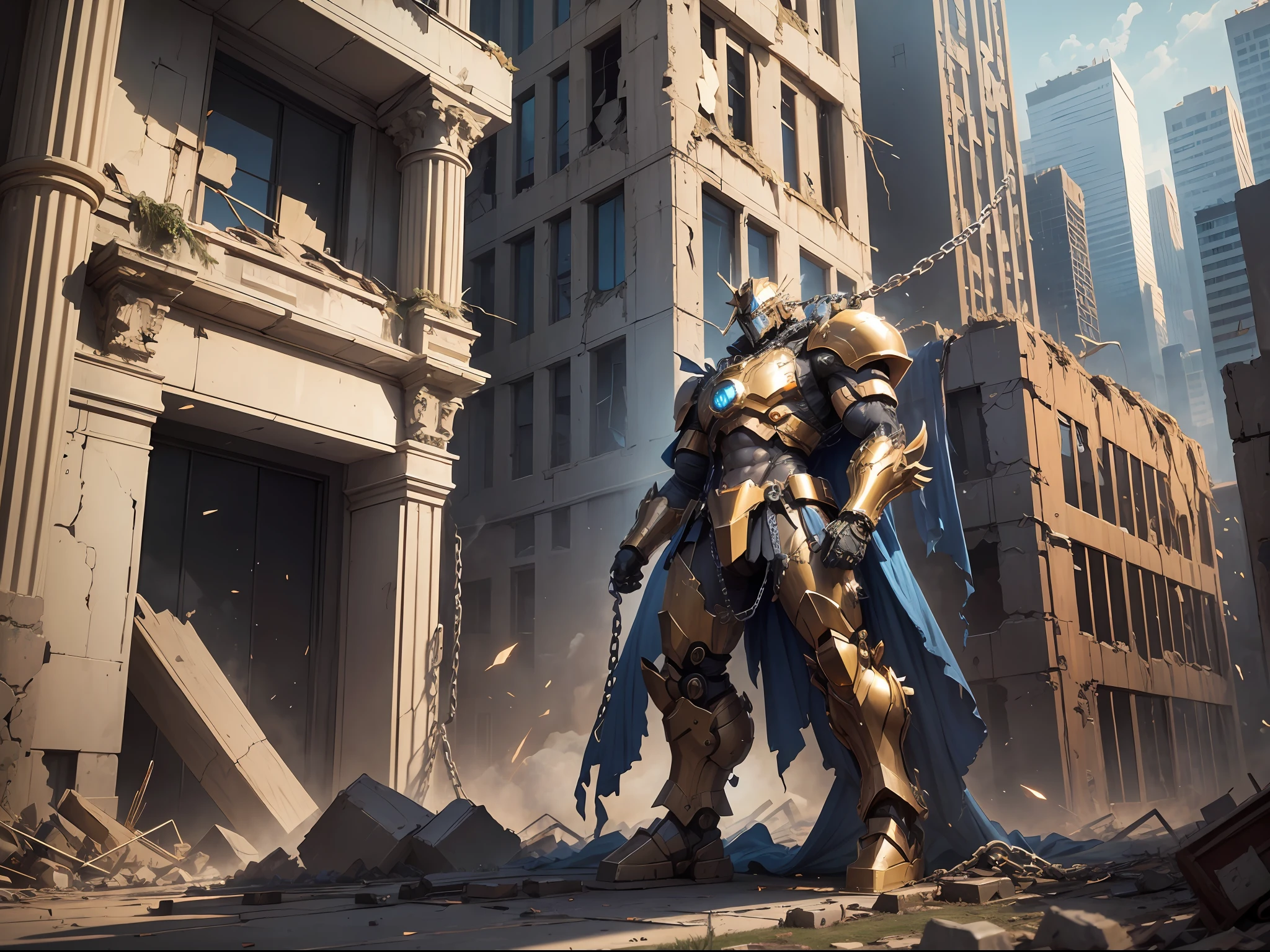 A golden mech warrior with a metal chain wrapped around his body and a clock on his chest collapsed in the ruins of the city, with a shattered mech appearance