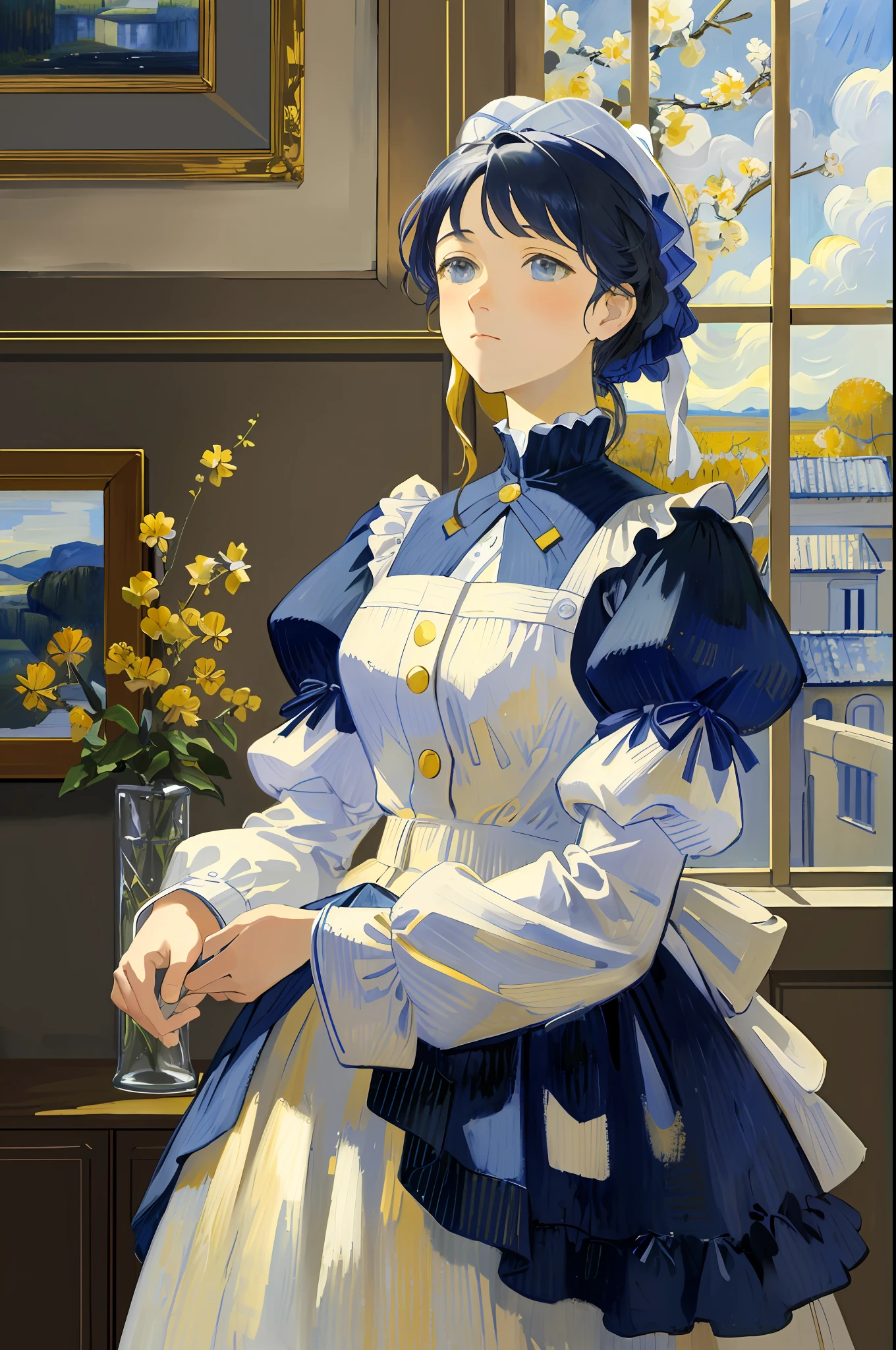 "((best quality)), ((masterpiece)), ((realistic)), a scene of a woman looking up at the sky by a window indoors, soft light illuminating her and oil painting on canvas in the photographic style of Vincent van Gogh. The yellow and white color scheme gives the picture richness. The view is wonderful, it is a masterpiece of a true work. "