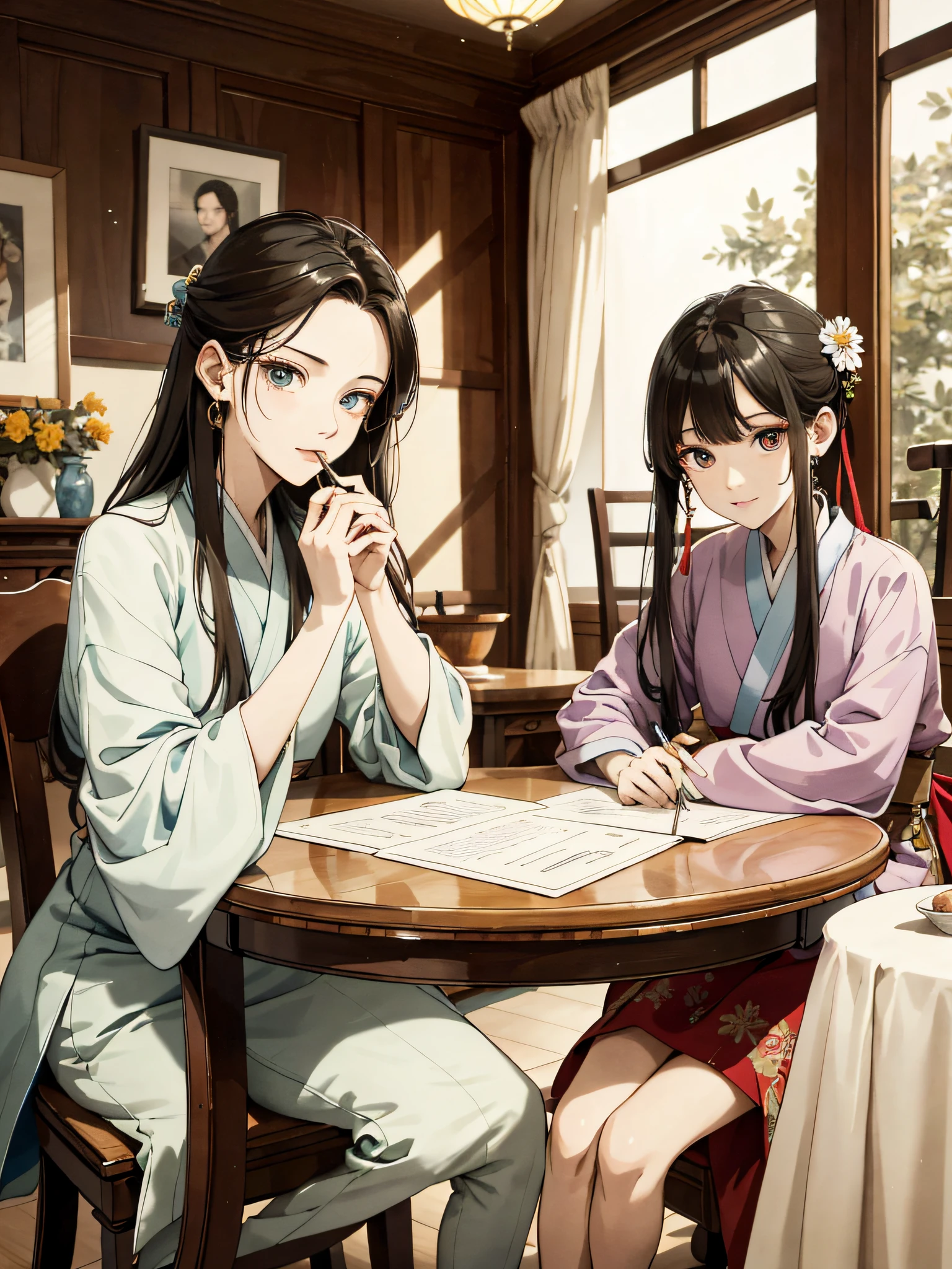Absurd, high definition, super detailed, texture details, clear presentation, HD details, detail performance, fine details, clear face, precise restoration, clear eyeballs, (1 man 3 women: 1.3), hand-drawn, simple lines, an 18-year-old man in colorful Hanfu and three 18-year-old women in colorful clothes, sitting around the wooden room round table dining table, masterpiece, interior, eating, comfort