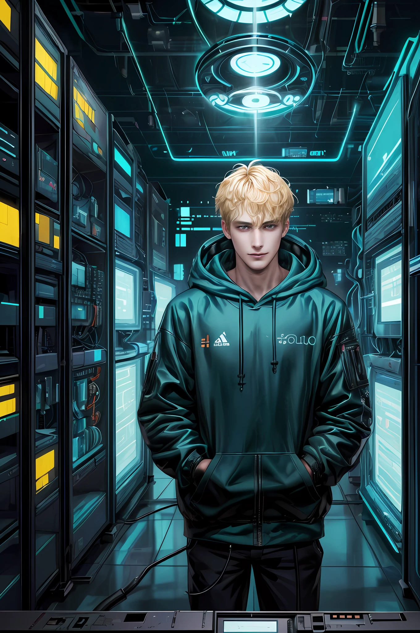 (absurd, intricate detail, masterpiece, top quality, high definition, 8k), 1 male, half Swedish with Japan,, older, handsome, fine eyes and face, blond quiff hair cropped on the sides, teal black eyes, watch the beholder, Solo, (full body: 0.6), detailed background, detailed face, (circuit board AI, electronic theme:1.1) Evil tech futuristic hacker, grin, advanced technology, hoodie, techware, key cards, cables, (holographic display:1.05), error messages, computer, password, server room in background, orange lights, cyber war, dark ominous atmosphere, depth of field, VFX.