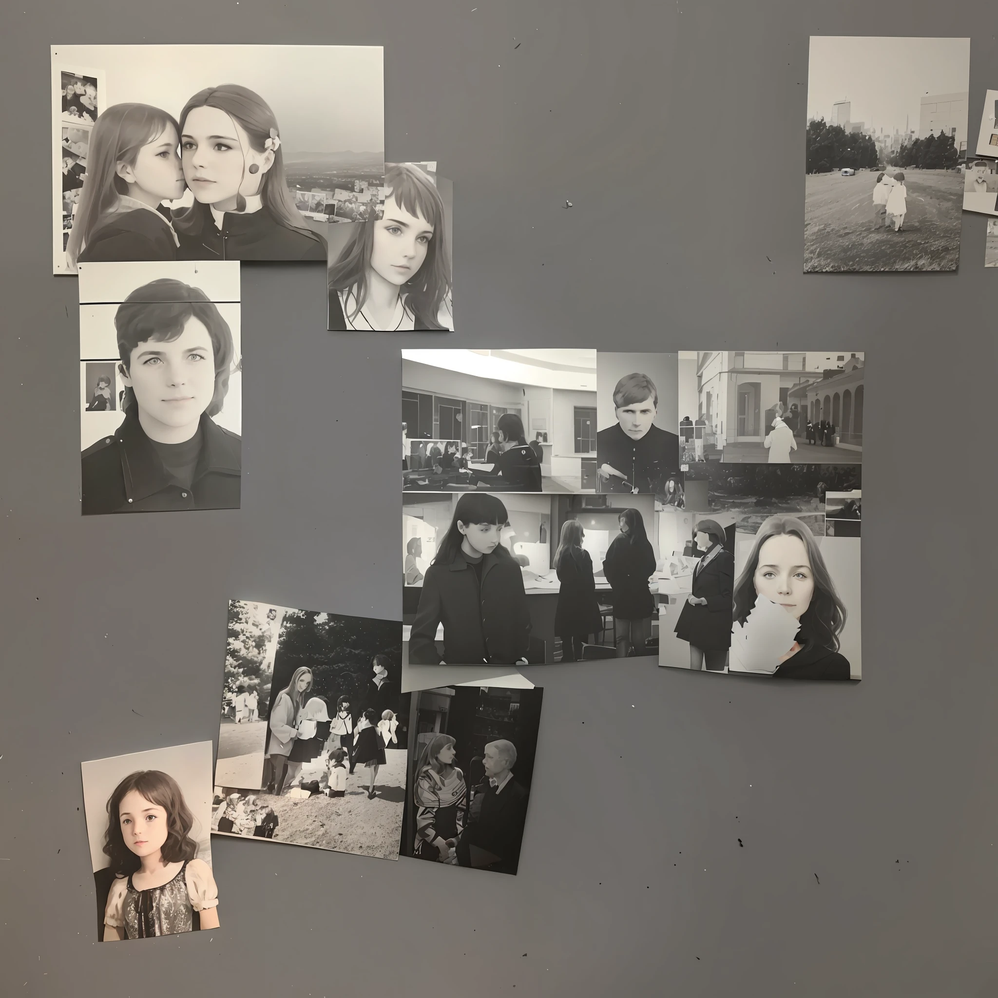 a close up of a grey wall with pictures of people on it, a collage, old photo scattered, collage, photo collage, photos of family on wall, photocollage, 1978 cut out collage, 1 9 7 0 cut out collage, collages, photomontage, pictures of family on wall, 1 9 7 6 cut out collage, film stills, add pins to the photos, add a black and white filter over the entire image --auto --s2