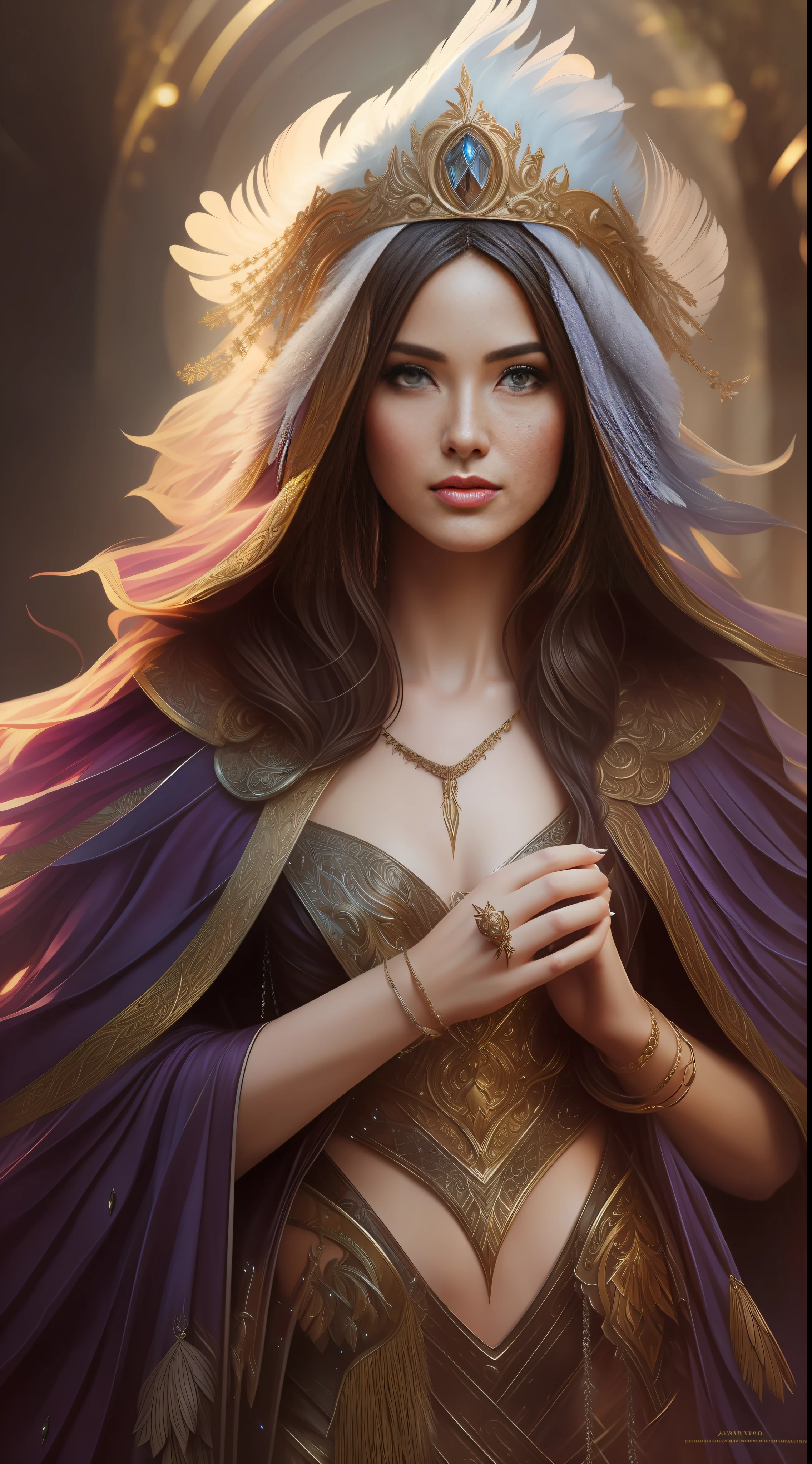 A woman in a feather cloak on her head, Artgerm, epic fantasy figure art, realistic painting, fantasy art light high contrast masterpiece
