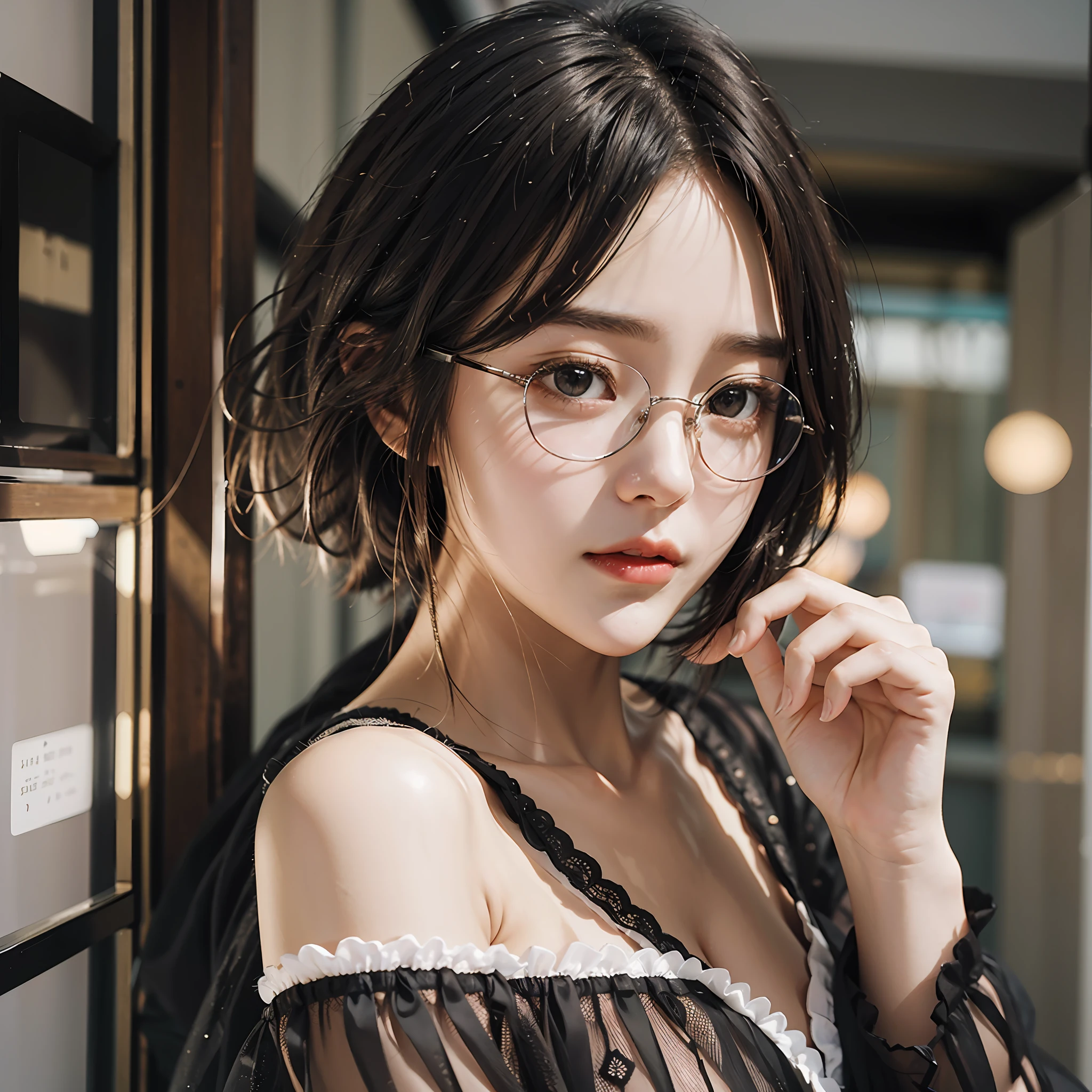 8k, girl: 1, shortcut, bob, café, indoor, white lace off-show ruder cut, detailed face, detailed eyes, black eyes, photorealistic, realistic, korean, Japan, round glasses, full body