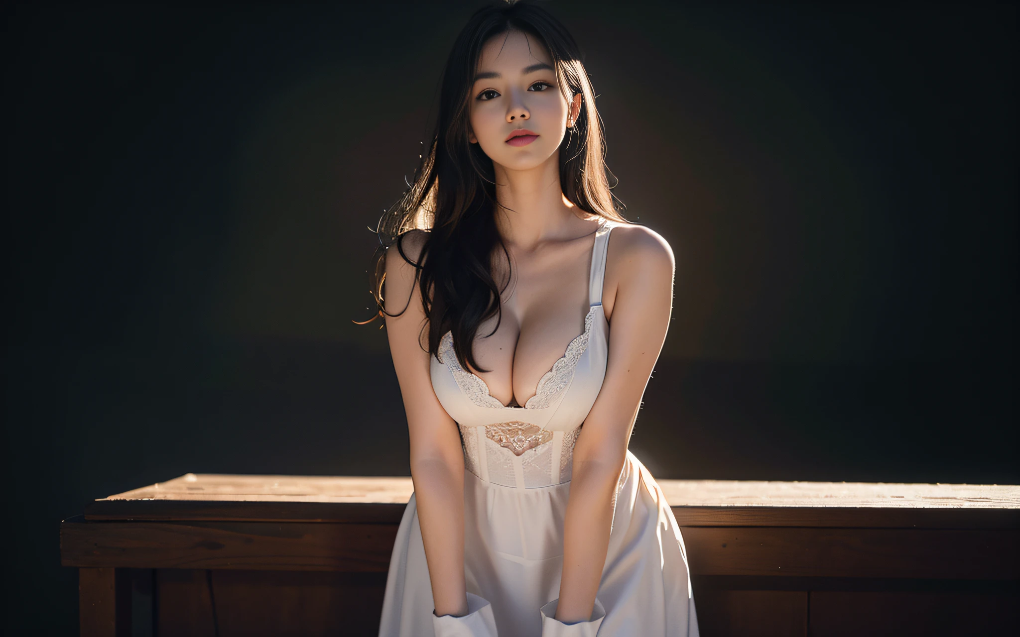 Best Quality, Masterpiece, High Resolution, Physically Based Rendering, (Realism, Photo Realism: 1.37), 1Girl, Long Vest, Beautiful Face, Black Hair, Looking at the Audience, Shy, Smiling, Big Eyes, Beautiful Face, Body, Big Boobs, Deep Cleavage, Realism, White Studio, Pure White Background, Edge Lighting, Two-Color Illumination, (High Detail Skin: 1.2), 8k UHD, High Quality, Volume Lighting, Photo, High Resolution 4K, 8K, Blurred Background