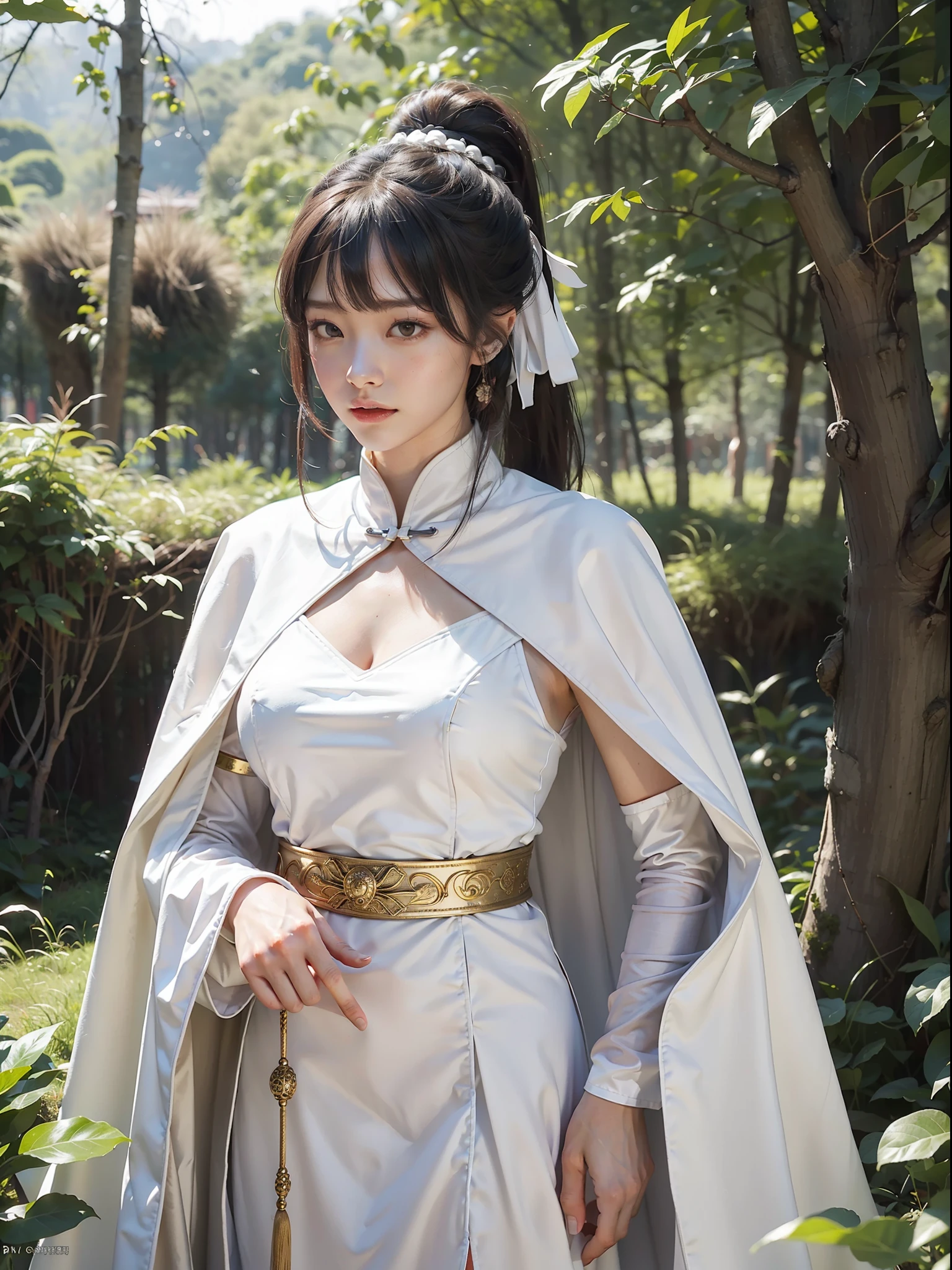 (Female: 1.2), (Big breasts: 1.2), (Qi bangs, ponytail), (White cape), (Ancient, Heroine), Xia, Hanfu, (holding Tang Dao), (Tang Dao), standing in the forest with a cloak on his head, falling leaves, looking at the audience, masterpiece, realistic