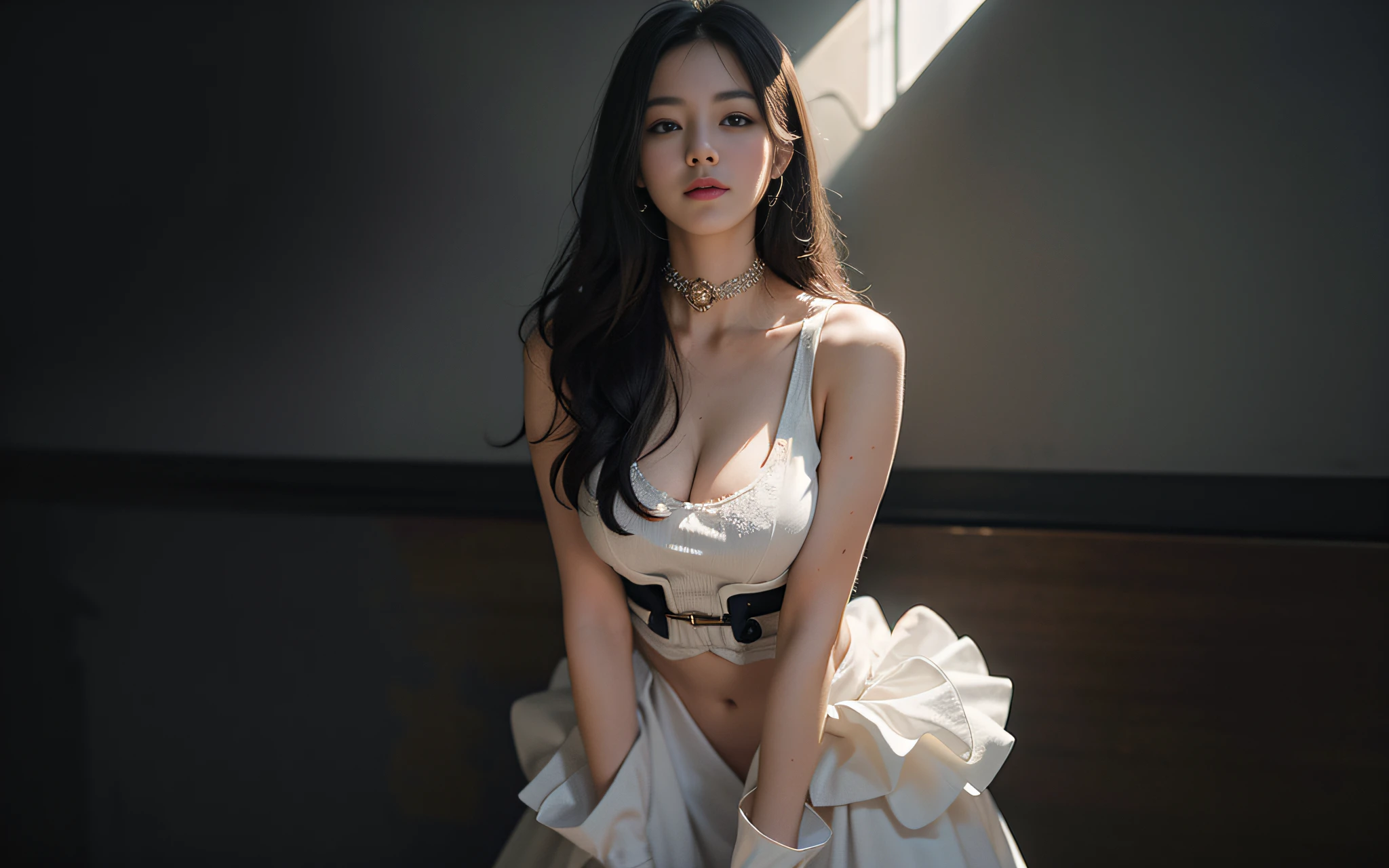 Best Quality, Masterpiece, High Resolution, Physically Based Rendering, (Realism, Photo Realism: 1.37), 1Girl, Long Vest, Beautiful Face, Black Hair, Looking at the Audience, Shy, Smiling, Big Eyes, Beautiful Face, Body, Big Boobs, Deep Cleavage, Realism, White Studio, Pure White Background, Edge Lighting, Two-Color Illumination, (High Detail Skin: 1.2), 8k UHD, High Quality, Volume Lighting, Photo, High Resolution 4K, 8K, Blurred Background