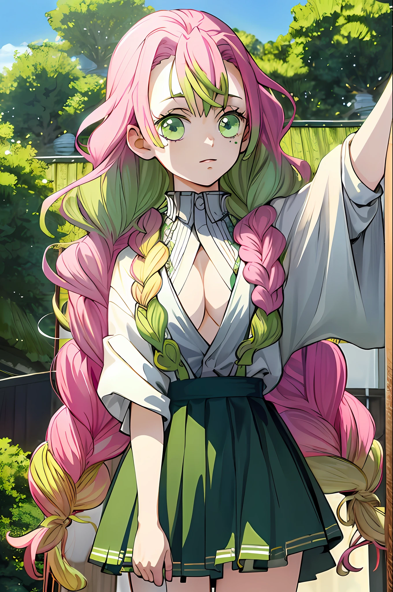 masterpiece, best quality, ultra detailed, beautiful MitsuruDS Potrait, pink hair, green hair, thighs, bright thighs, medium breasts, volumetric lighting, best quality, masterpiece, intricate details, tonemapping, sharp focus, hyper detailed, trend in Artstation,