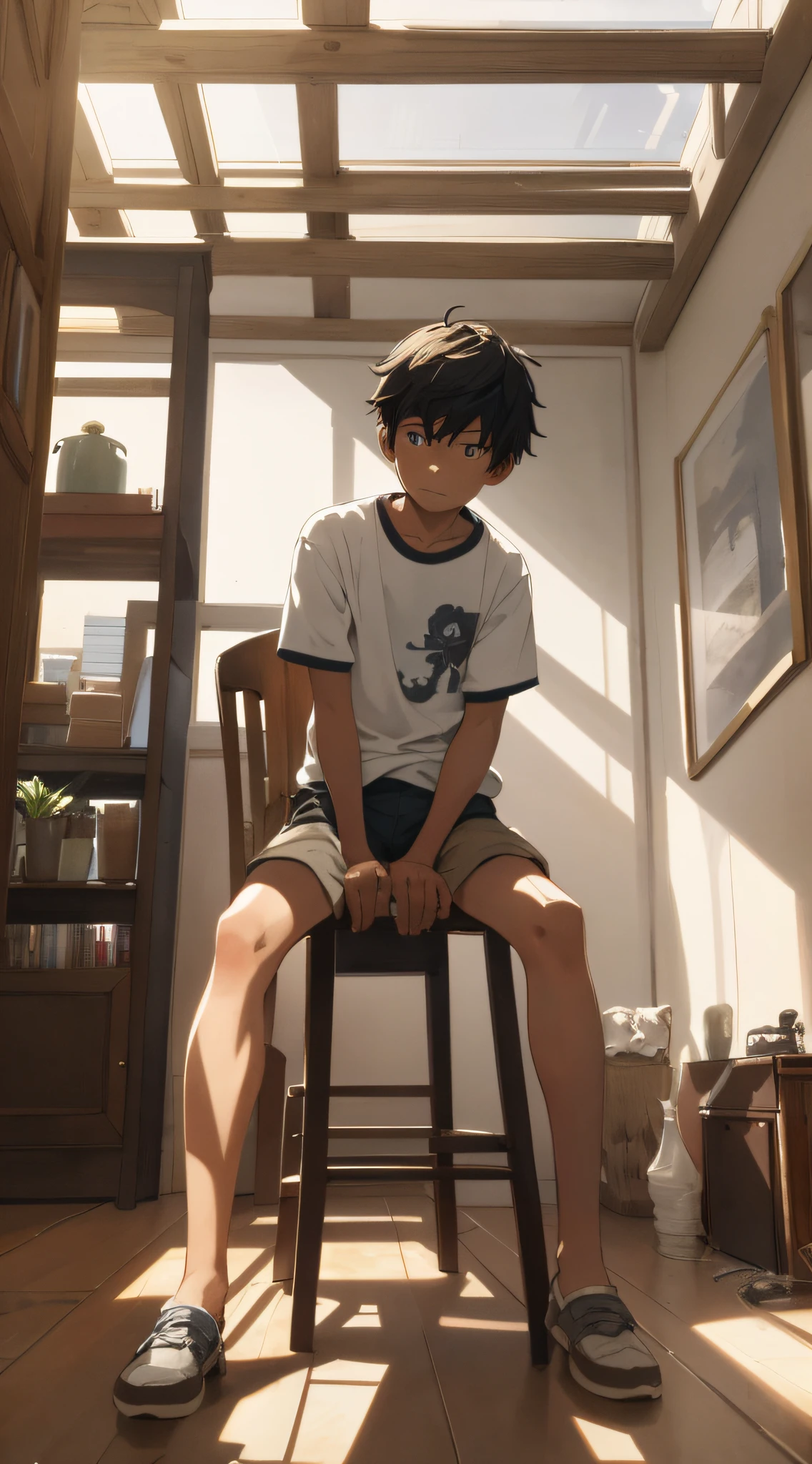 Realistic, (best quality, masterpiece: 1.3), boy, sitting on a chair, living room, sunlight coming in