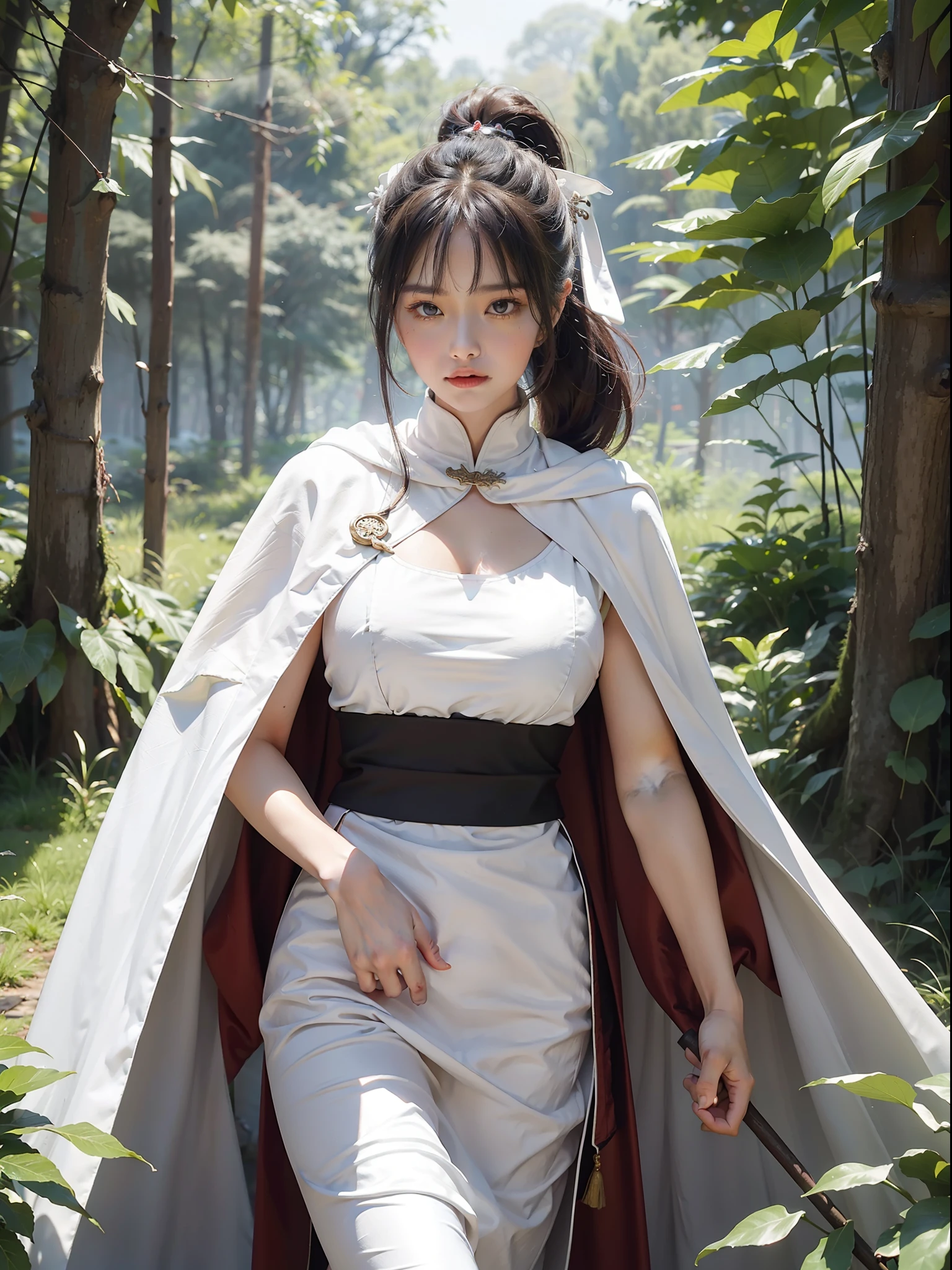(Female: 1.2), (Big breasts: 1.2), (Qi bangs, ponytail), (White cape), (Ancient, Heroine), Xia, Hanfu, (holding Tang Dao), (Tang Dao), standing in the forest with a cloak on his head, falling leaves, looking at the audience, masterpiece, realistic