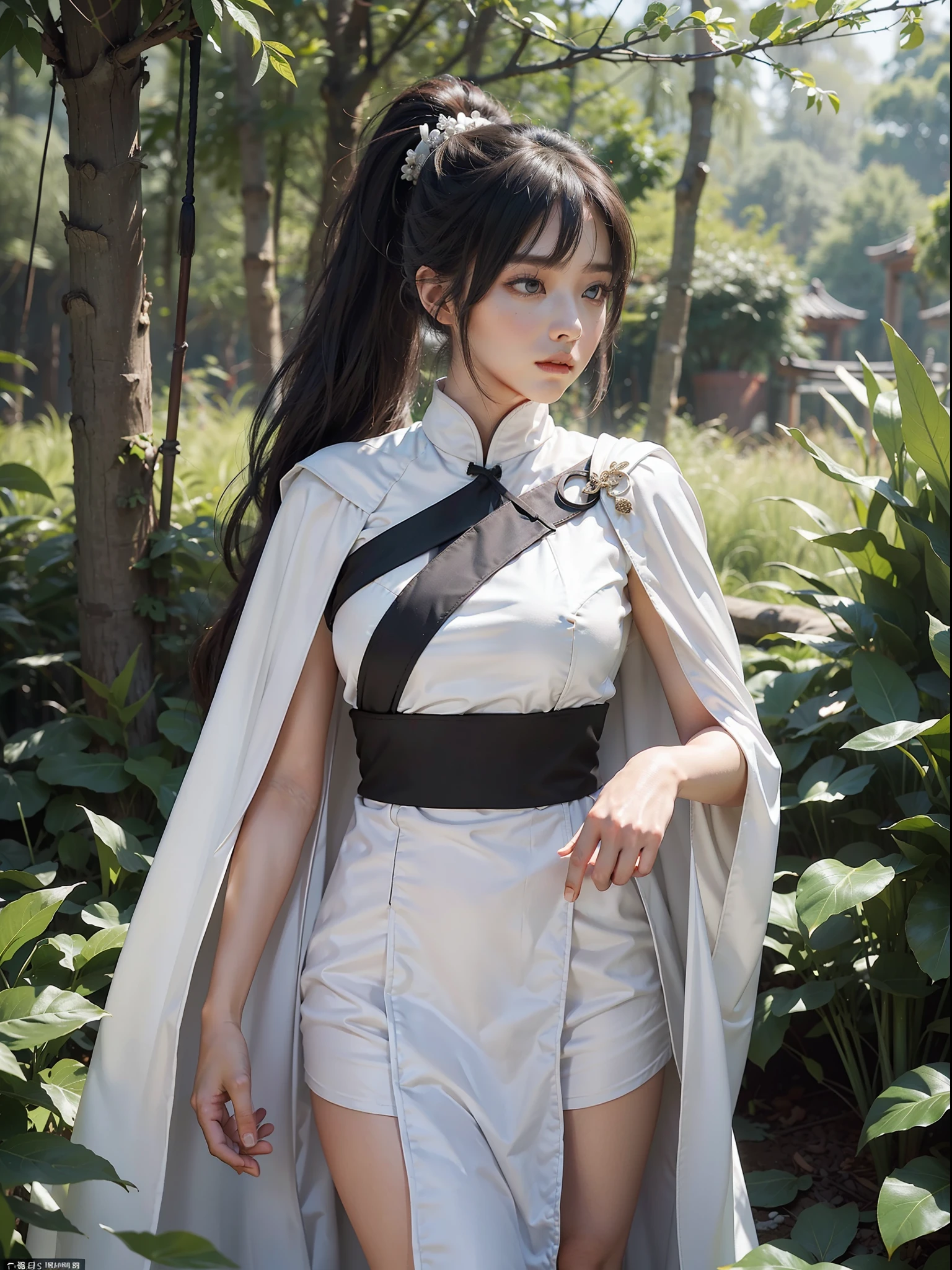 (Female: 1.2), (Big breasts: 1.2), (Qi bangs, ponytail), (White cape), (Ancient, Heroine), Xia, Hanfu, (holding Tang Dao), (Tang Dao), standing in the forest with a cloak on his head, falling leaves, looking at the audience, masterpiece, realistic