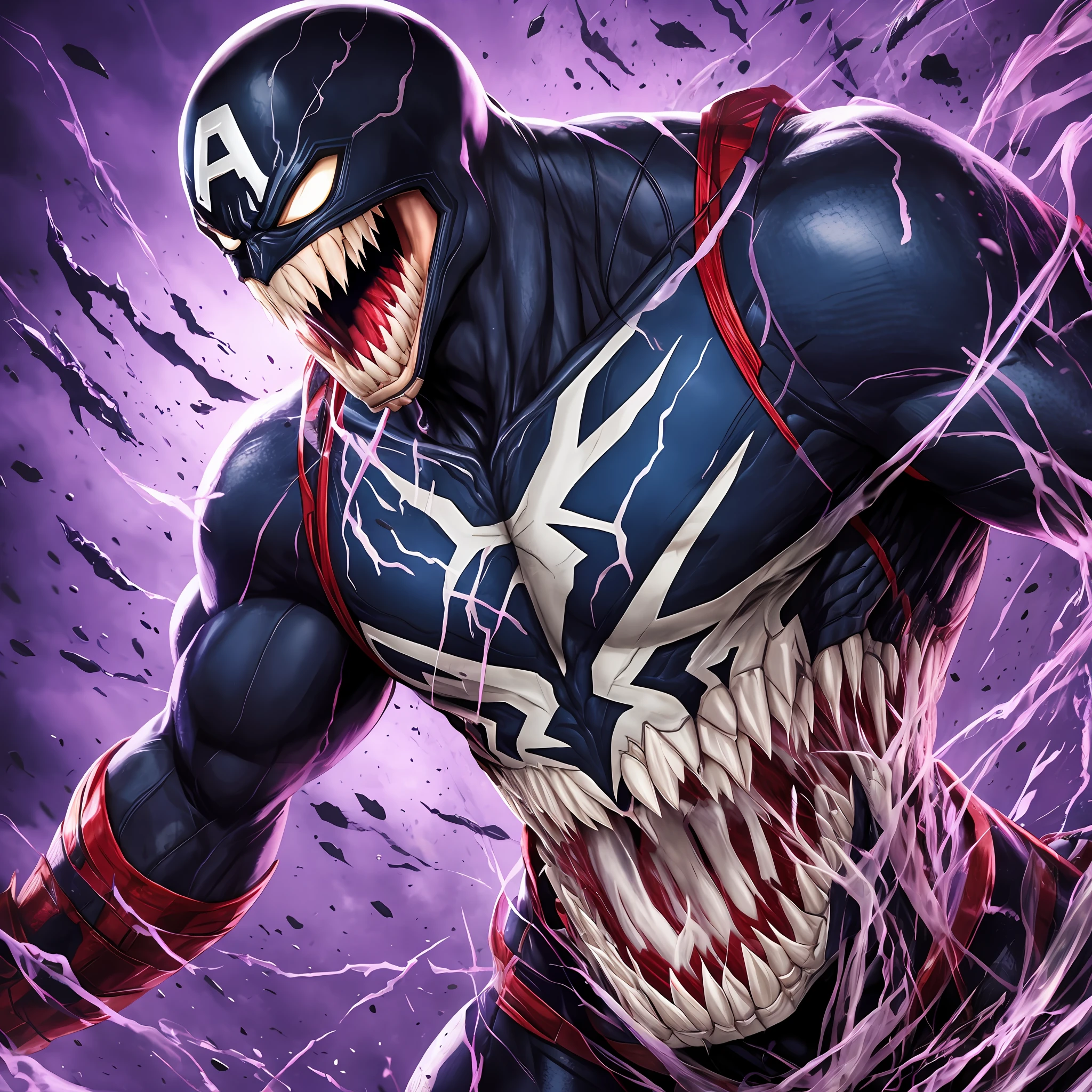 captain america venom ,marvel comics, symbiosis, venom teeth, venom eye, purple background, blurred background, 8k, hdr, photorealistic --auto --s2