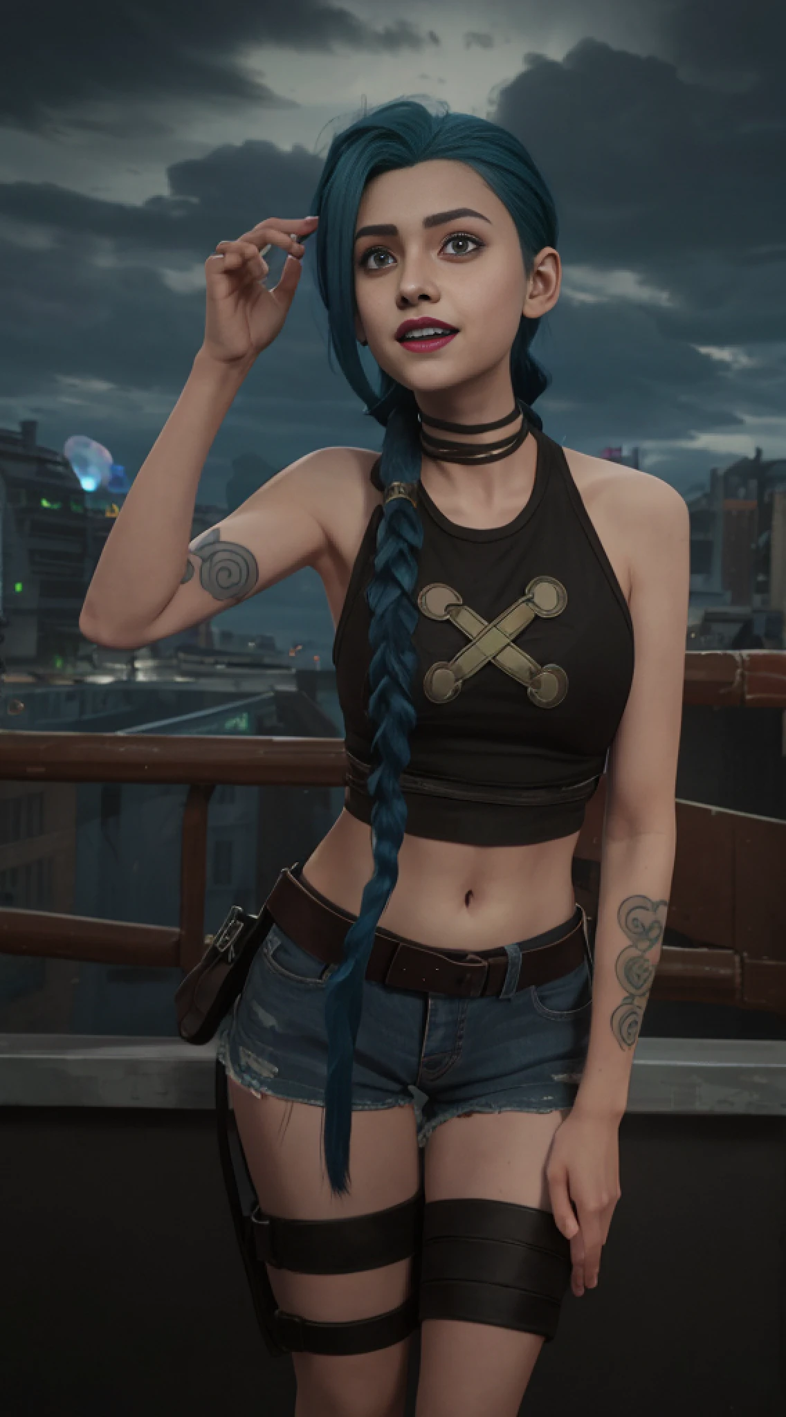 arcane style,

1girl, arm tattoo, asymmetrical bangs, bangs, blue hair, braid, brown shirt, cloud tattoo, looking at viewer, laughing, crazy, uncontrollable laugh, mad look, night, city, green hair, long hair, midriff, pink eyes, red lips, shirt, solo, standing, tattoo, twin braids, upper body, arcane jinx, jinx \(league of legends\)
