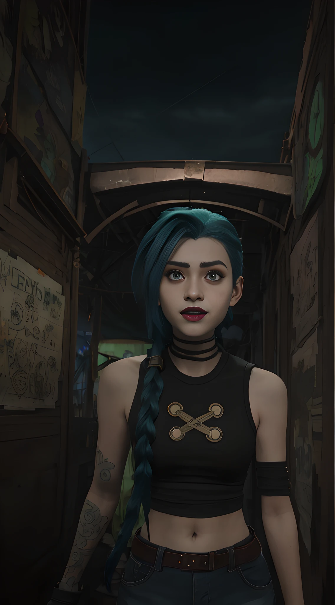 arcane style,
1girl, arm tattoo, asymmetrical bangs, bangs, blue hair, braid, brown shirt, cloud tattoo, looking at viewer, laughing, crazy, uncontrollable laugh, mad look, night, city, green hair, long hair, midriff, pink eyes, red lips, shirt, solo, standing, tattoo, twin braids, upper body, arcane jinx, jinx \(league of legends\)