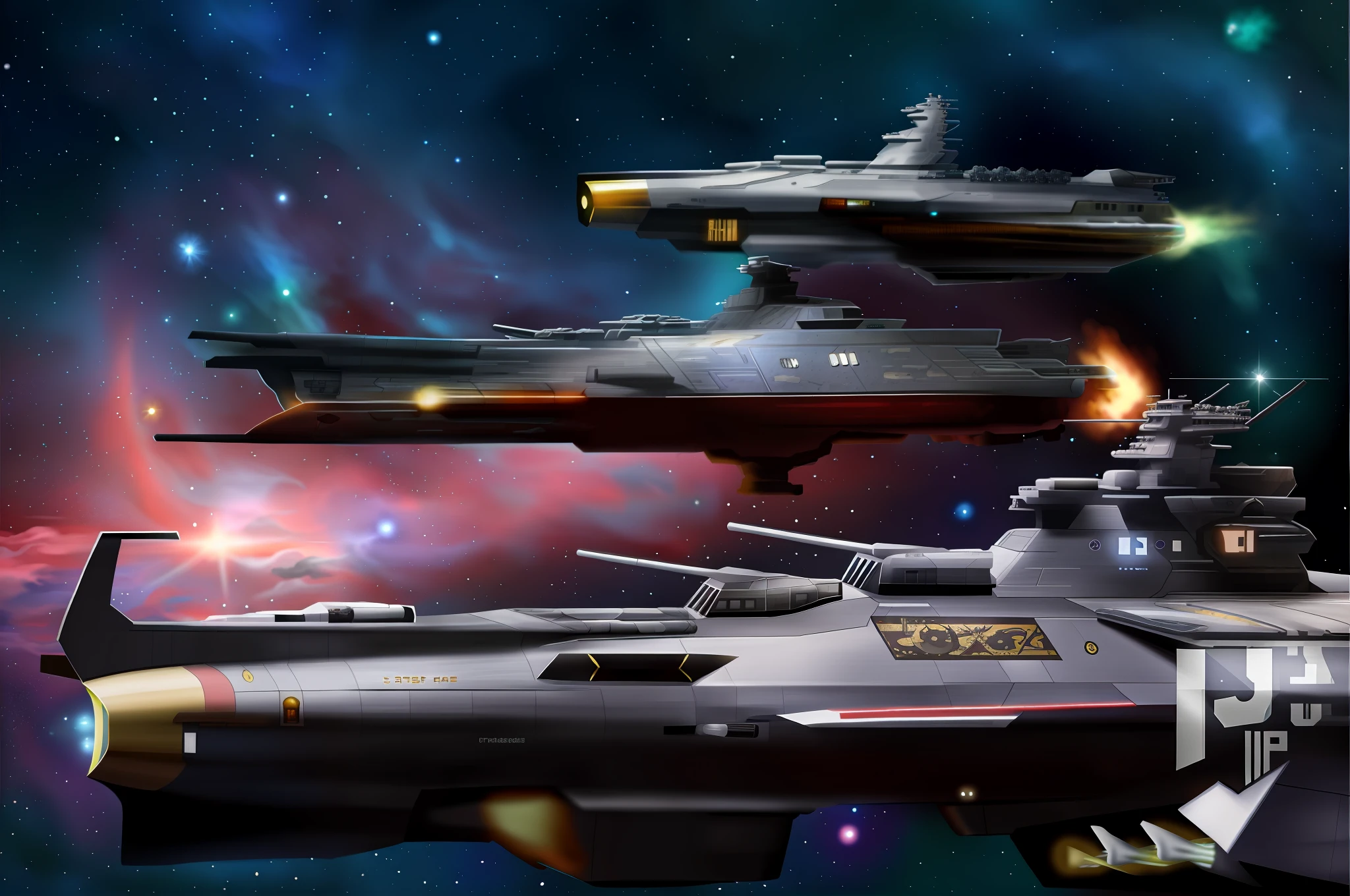 Large formation of space battleships centered on Space Battleship Yamato, nebulae, watercolors, space backgrounds, intricate details, cinematic lighting,