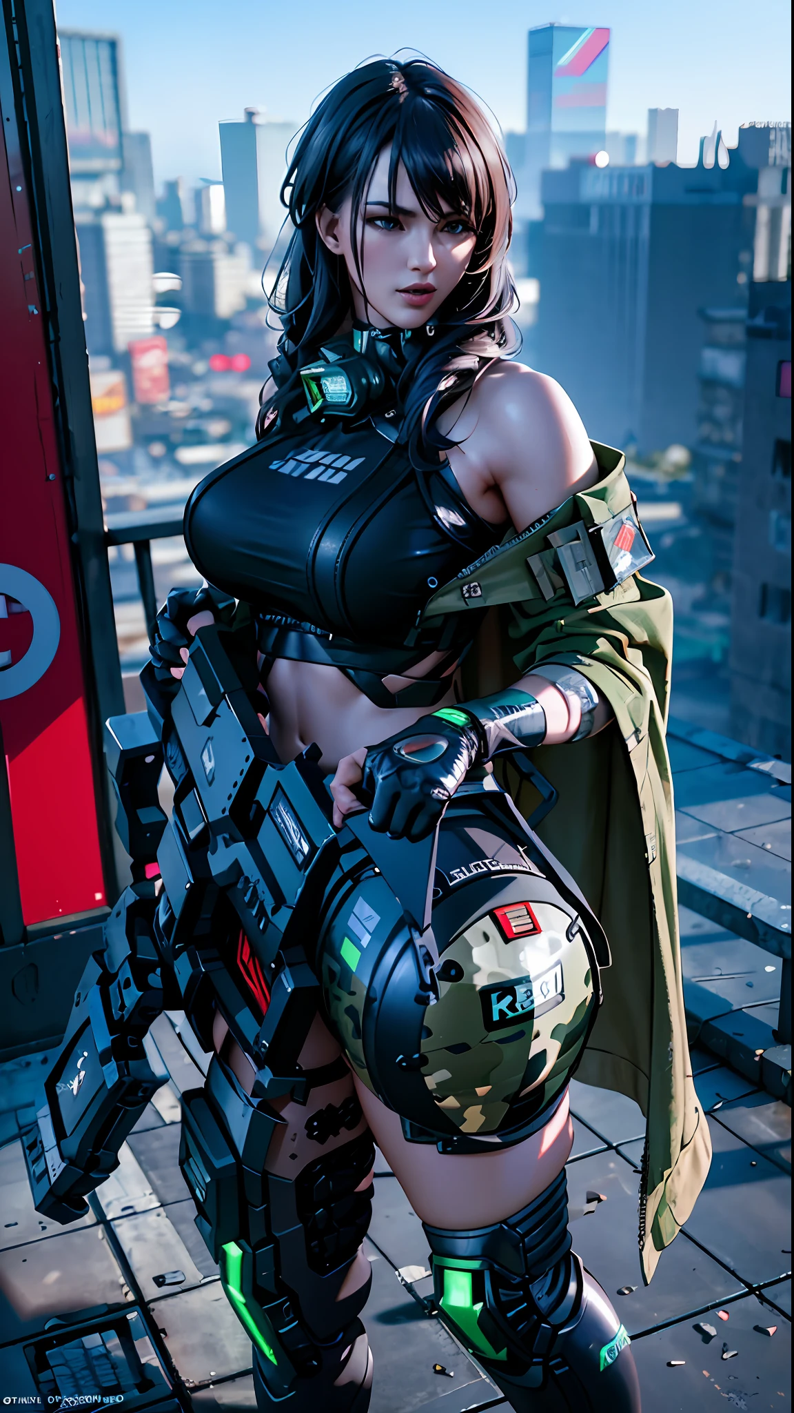 ((Best quality)), ((masterpiece)), (highly detailed:1.3), 3D, beautiful (cyberpunk:1.2) special forces, robort,female with thick voluminous hair wearing (wearing camouflage_uniform:1.1), body armour,cape,digital (camouflage:1.3),HDR (High Dynamic Range),Ray Tracing,NVIDIA RTX,Super-Resolution,Unreal 5,Subsurface scattering,PBR Texturing,Post-processing,Anisotropic Filtering,Depth-of-field,Maximum clarity and sharpness,Multi-layered textures,Albedo and Specular maps,Surface shading,Accurate simulation of light-material interaction,Perfect proportions,Octane Render,Two-tone lighting,Wide aperture,Low ISO,White balance,Rule of thirds,8K RAW,Efficient Sub-Pixel,sub-pixel convolution, big weapon, big cannon on shoulder