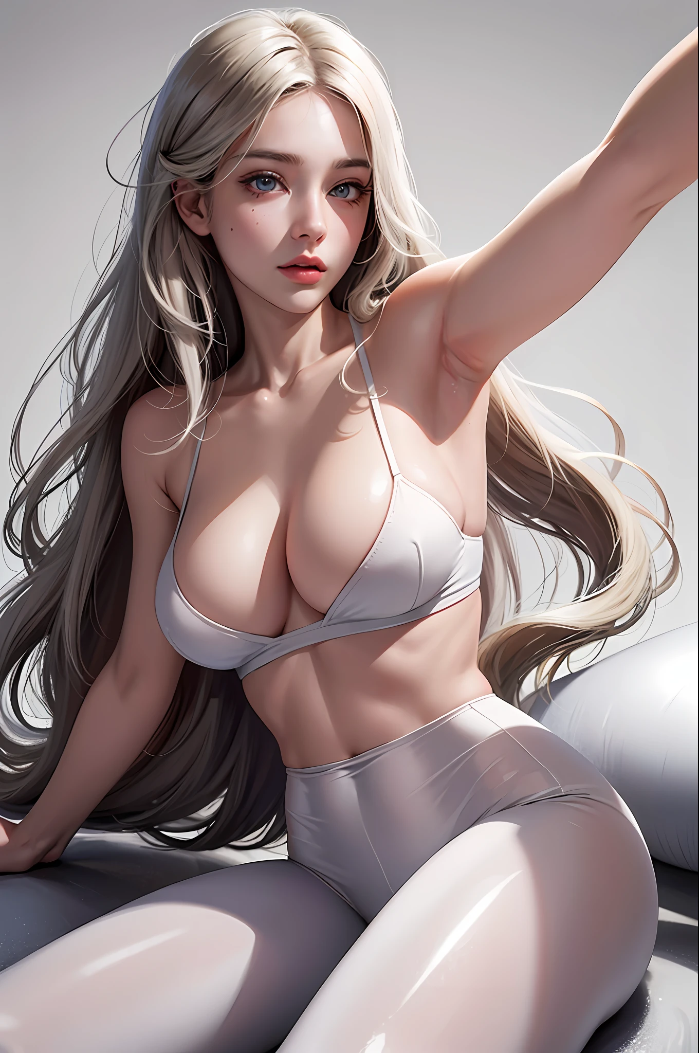 (hyperrealistic), (illustration), (high resolution), (8K), (extremely detailed), (best illustration), (beautiful detailed eyes), (best quality), (ultra-detailed), (masterpiece), (wallpaper), (detailed face), solo 1 girl, white wavy hair, korean, heterochromic eyes, small moles under the eyes, loose white shirt, yoga pants, big breasts, long legs, tight abs, camel toes, dynamic pose
