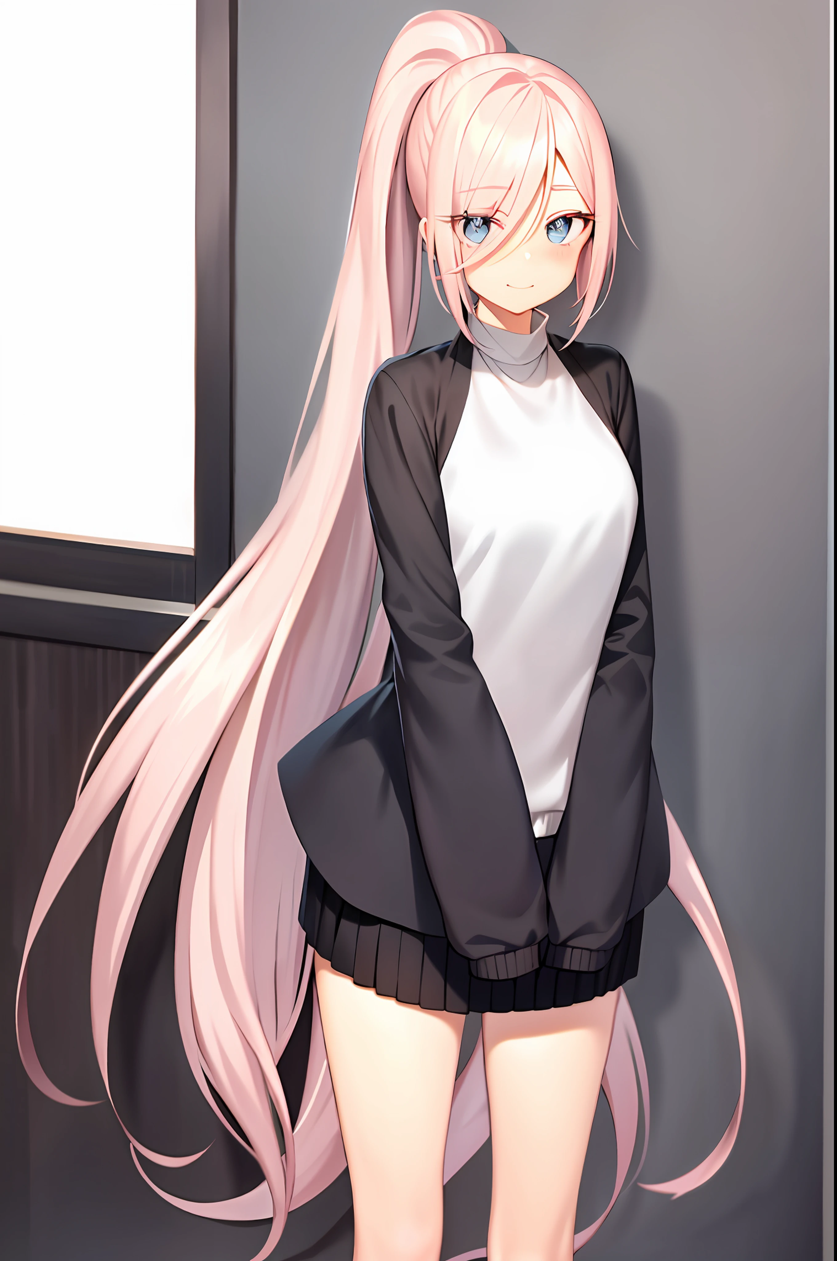 Long Boyish Light Pink Hair 2D Tall Shikimori Not Only Cute Blue Eyes Black Sweater Uniform Beautiful Girl Smile Troubled Eyes Big Eyes Bad Ponytail Background High 2D Blush Narrow Eyes White Shirt Masterpiece 1 Woman Chest Narrow Eyes There are dark circles in the eyes