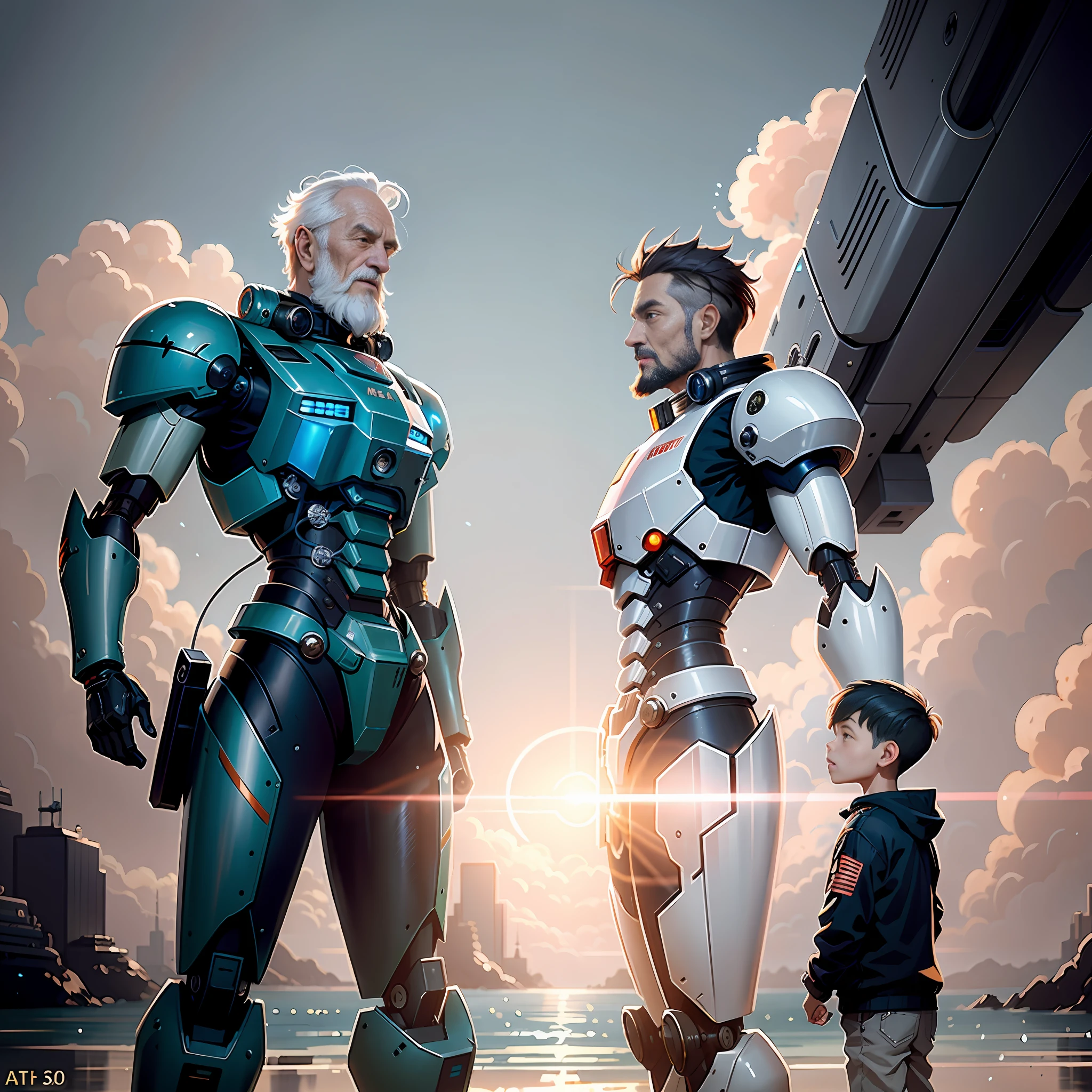 (Mecha Old Man) and (Young Boy) look at each other, trending on artstation, 8k resolution, very detailed, clear images, digital painting, concept art, trending trends on pixiv, Makoto Shinkai's style,