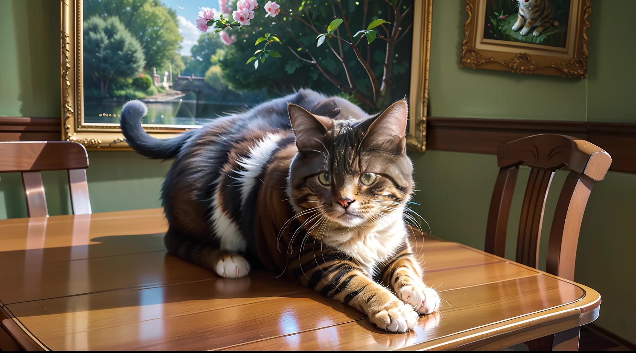 there is a cat that is sitting on a table looking at the camera, cat. digital painting, digital painting highly detailed, adorable digital painting, cute detailed digital art, digital art. highly detailed, digital art. photo realistic, highly detailed digital painting, digital art highly-detailed, photorealistic illustration, ultra realistic illustration, ultrarealistic illustration, portrait of ultra realistic