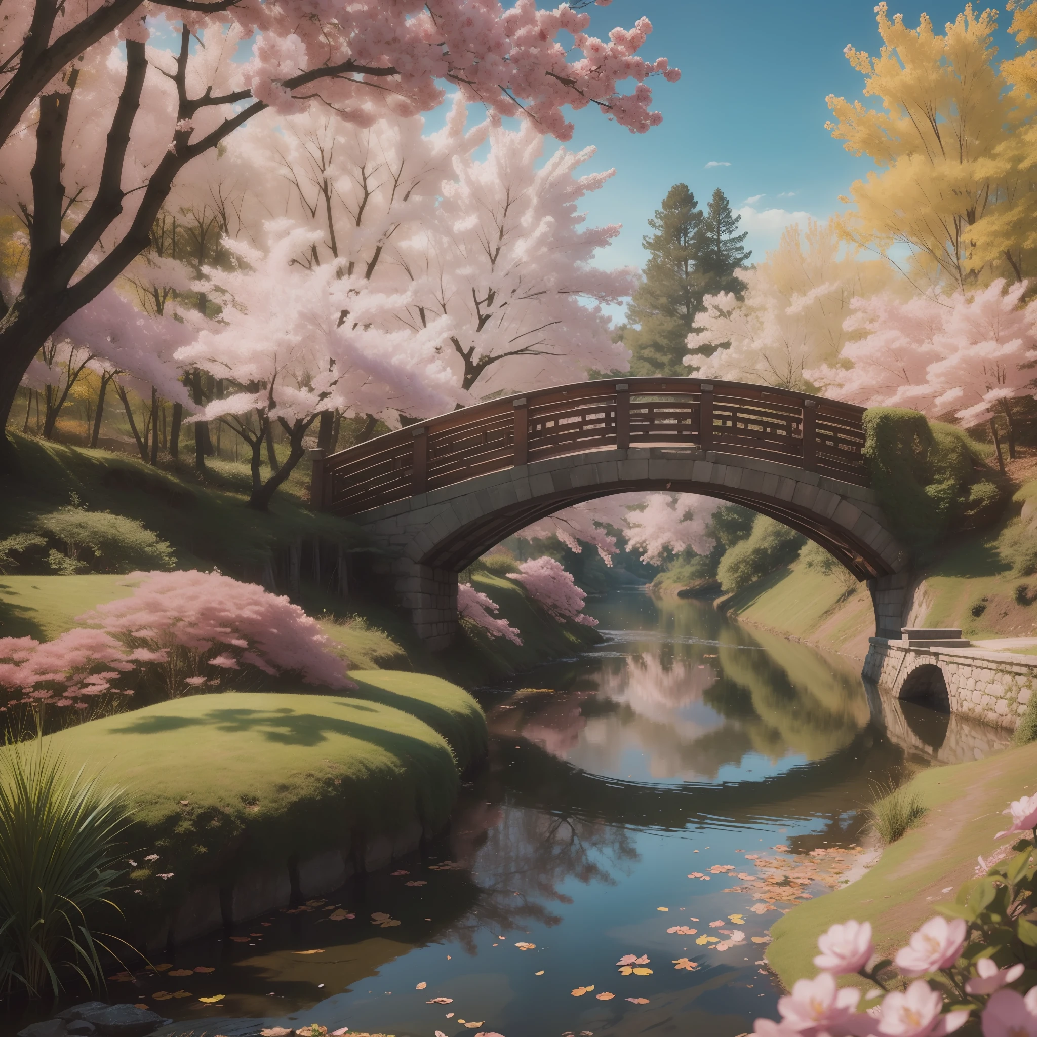 (extremely detailed CG unity 8k wallpaper,masterpiece, best quality, ultra-detailed),(best illumination, best shadow, an extremely delicate and beautiful),riverside bridge,魔法花园,奥图姆花园,quiet autumn fairy tale forest environment,magical forest scenery,water sound,mysterious and beautiful environment.