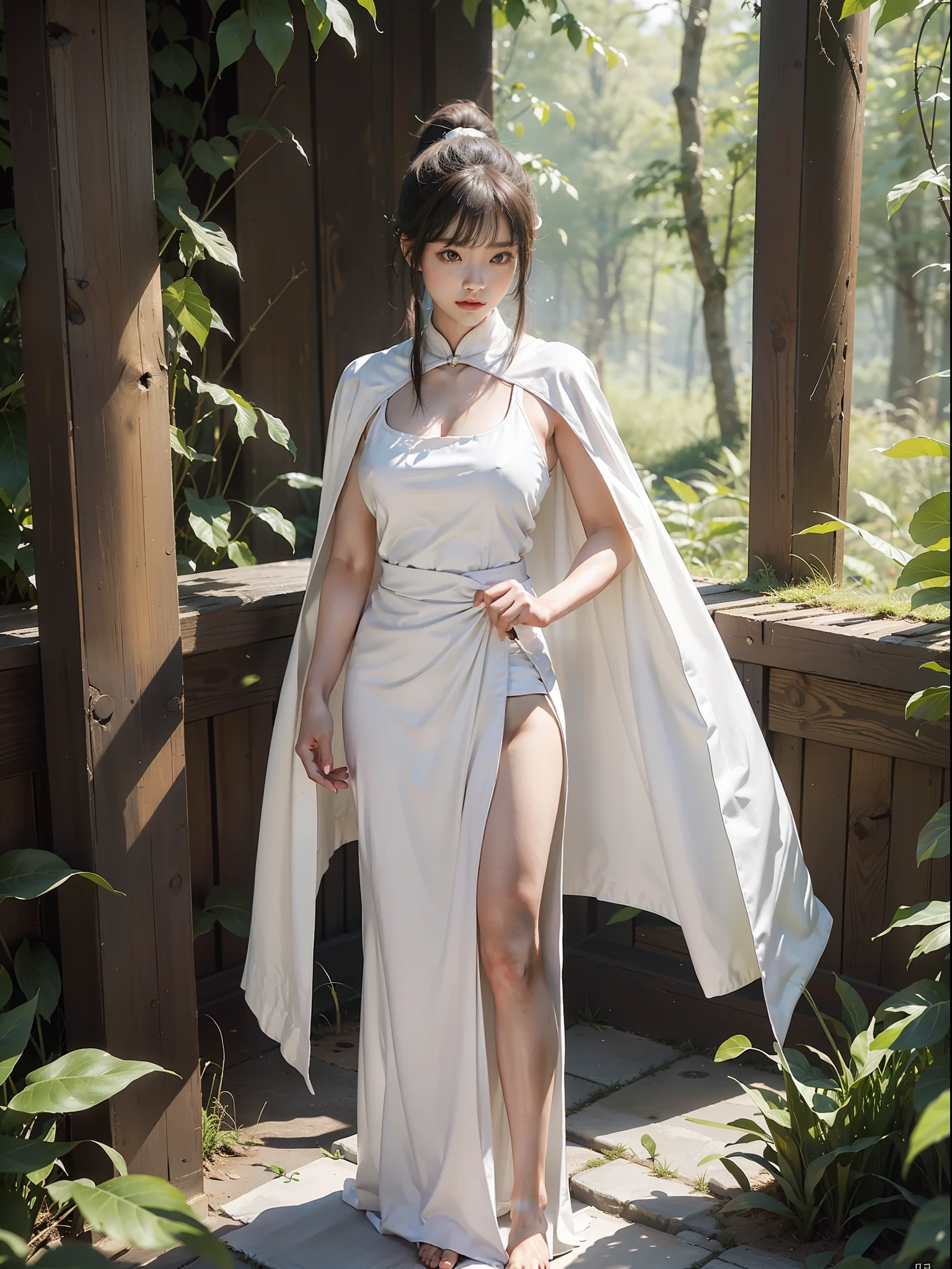(F: 1.2), (Big breasts: 1.2), (Qi bangs, ponytail), (White cape), (Ancient, Heroine), Chivalry, Hanfu, (holding Tang Dao), (Tang Dao), standing in several forests, falling leaves, (showing chest), (long legs), full body, looking at the audience, masterpiece, realism