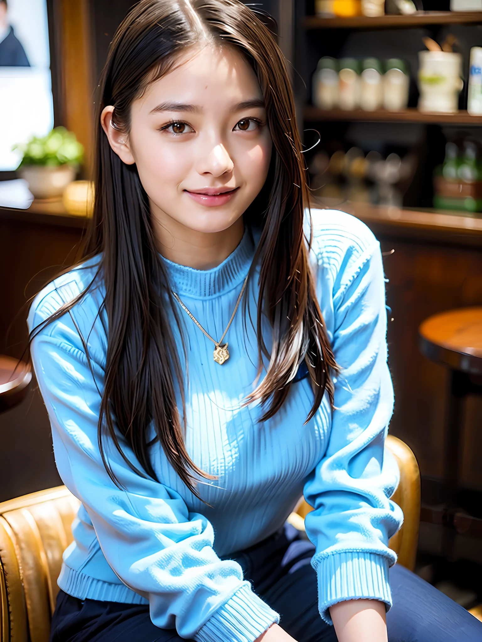 18 year old girl with perfect face and big breasts, cute clothes, slim and slender physique. The skin has detailed and highly detailed eyes (1.1 emphasis), very detailed skin texture (1.1 emphasis). slender necklace, model photo style, photorealistic, skin texture is real human skin texture, detailed skin pores, intricate details, eyes are very detailed, from the knee up, attractive sexy little bit, smile, happy smile, eating soft serve ice cream in a café, sitting, dark blue high neck knit sweater, black long pants, café, sweets --s2