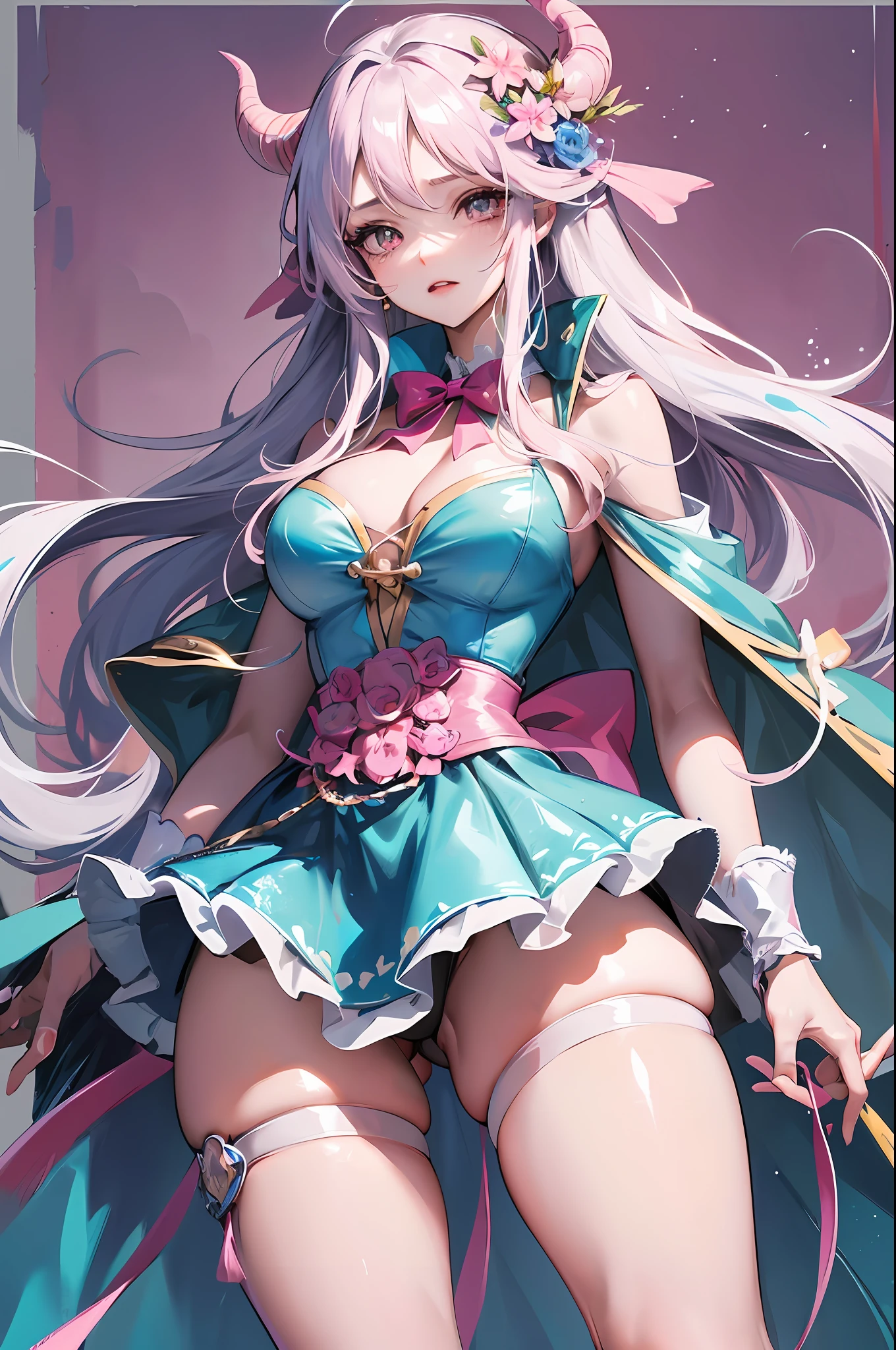 Light pink mask, long legs, excellent figure, she has long hair in thick sky blue and fine pink strips, only a strand of white hair on her forehead, large pink round eyes, tied with a blue bow and cape, wearing a light blue short skirt and red high heels, a pair of horns similar to bull's horns on her head, light pink mask, One Piece, One Piece's run, beautiful portrait of Runma, fanart, the character is her natural pose, the woman's whole body art, wearing little, sexy, close-up