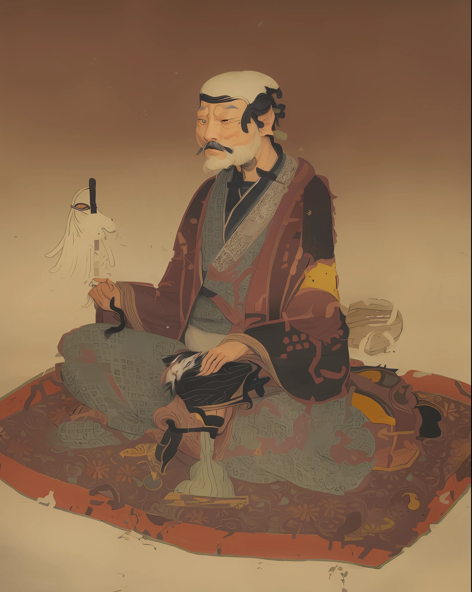 there is a painting of a man sitting on a rug with a cat, inspired by Kanō Masanobu, inspired by Sesshū Tōyō, ancient japanese monk, by Okumura Masanobu, inspired by Itō Jakuchū, katsura masakazu, by Kanō Motonobu