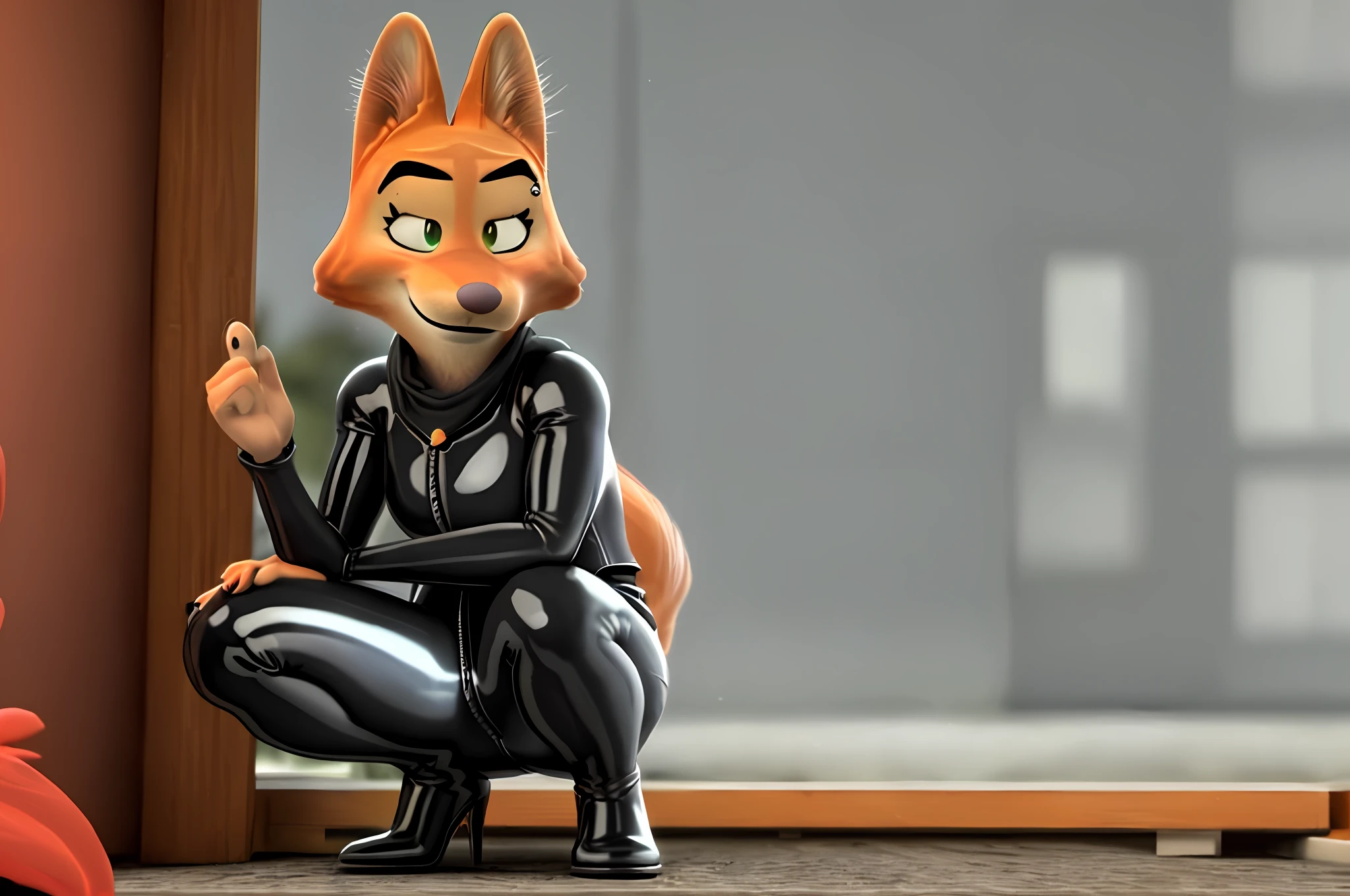 [Dreamworks artstyle], [Diane Foxington from Dreamworks The Bad Guys], [Uploaded to e621.net; (Foxovh), (Pixelsketcher)], ((dreamworks artstyle)), ((inspired by Steve Ditko)), ((masterpiece)), ((solo portrait)), ((1girl)), ((front view)), ((furry; antrho fox girl)), ((detailed fur)), ((raytracing; reflective surfaces)), ((detailed shading)), ((beautiful render art)), ((cel shading)), ((dark lighting)), ((cold color pallet)), ((ambient lighting)), {anthro fox; (orange fur, pink nose, pointed ears, thin black lips, white teeth), (small round black-green eyes; looking at viewer), smug grin), (black latex skintight zipped suit; utility belt, yellow lining, shiny texture, curvaceous thin hips, small boobs), (eye piercing; LEFT eye), black heel boots}, ((squatting; one hand on ground), [background; open room, dark lighting, red ruby, ambient fog]
