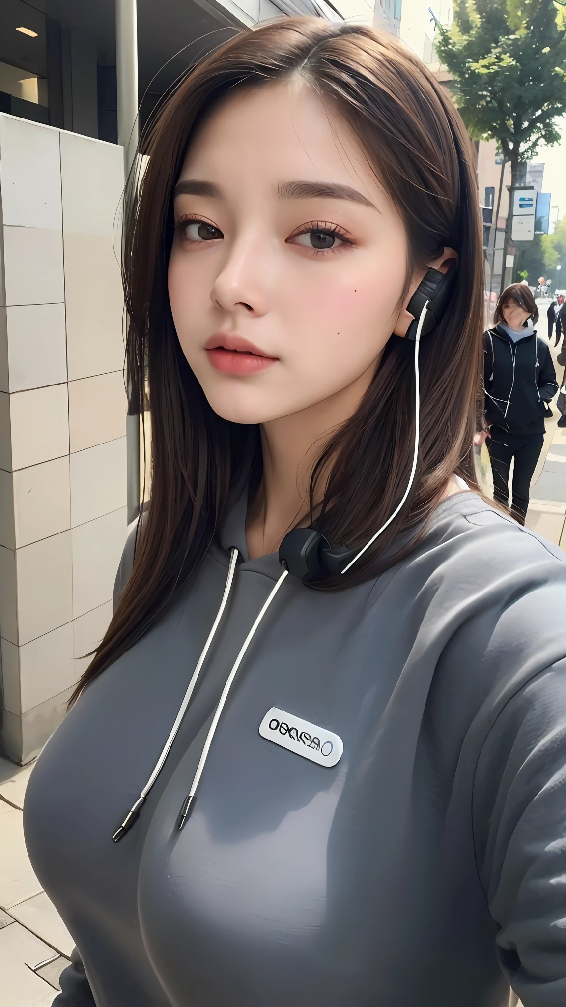 (Best quality, high resolution, masterpiece: 1.3), a beautiful woman, big breasts, slim figure, (short dark brown hair), wearing headphones, sweatshirt, on the street, details in the face and skin texture beautifully presented, detailed eyes, double eyelids, big eyes