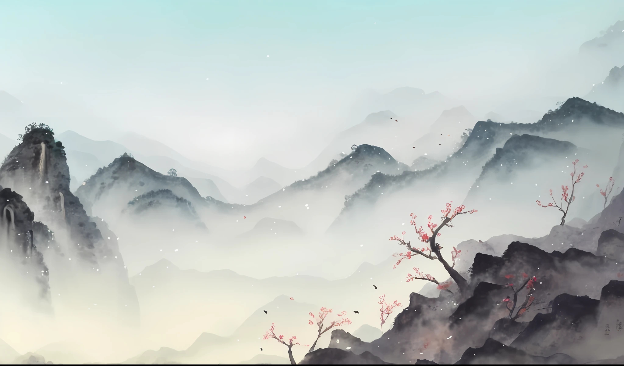 painting of a mountain scene with a tree and a bird, chinese watercolor style, chinese painting style, chinese style painting, chinese landscape, traditional chinese watercolor, (mist), misty mountains, inspired by Li Keran, chinese watercolor, scenery artwork, japanese style painting, chinese ink painting, artwork in the style of z.w. gu, background art, japanese watercolor