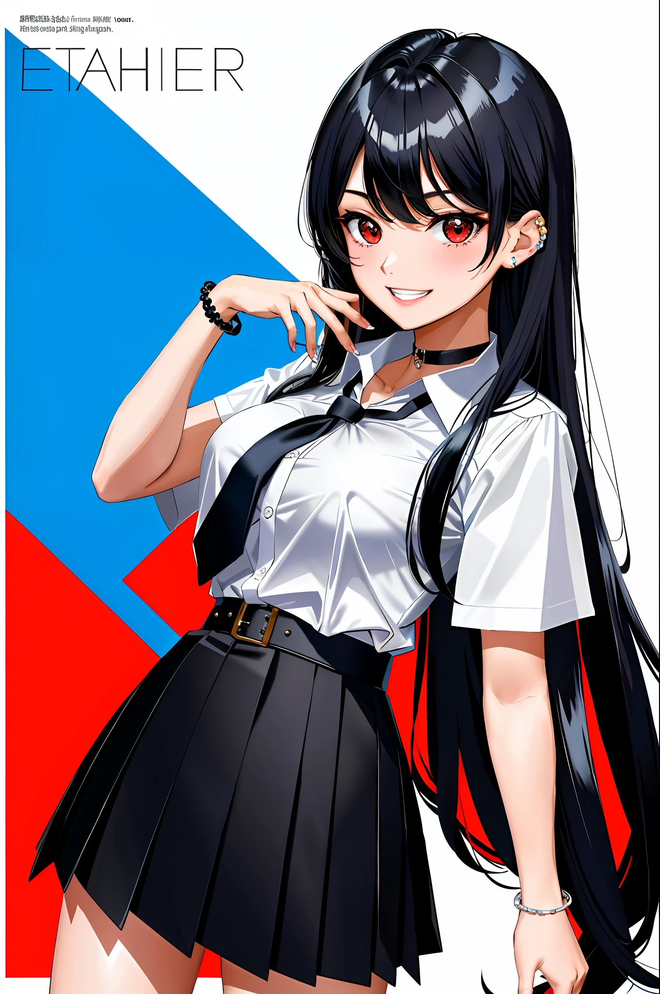 masterpiece, best quality, full body, 1girl, bangs, black choker, black necktie, black hair, blue skirt, blush, bracelet, breasts, choker, clothes around waist, collarbone, collared shirt, cowboy shot, dress shirt, ear piercing, eyebrows visible through hair, gradient hair, grin, gyaru, jewelry, kogal, long hair, looking at viewer, loose necktie, necktie, piercing, plaid, plaid skirt, pleated skirt, red eyes, ring, school uniform, shirt, skirt, smile, solo, white shirt, street, sky, cherry blossoms, petals,illustration, (magazine:1.3), (cover-style:1.3), fashionable, woman, vibrant, outfit, posing, front, colorful, dynamic, background, elements, confident, expression, holding, statement, accessory, majestic, coiled, around, touch, scene, text, cover, bold, attention-grabbing, title, stylish, font, catchy, headline, larger, striking, modern, trendy, focus, fashion,