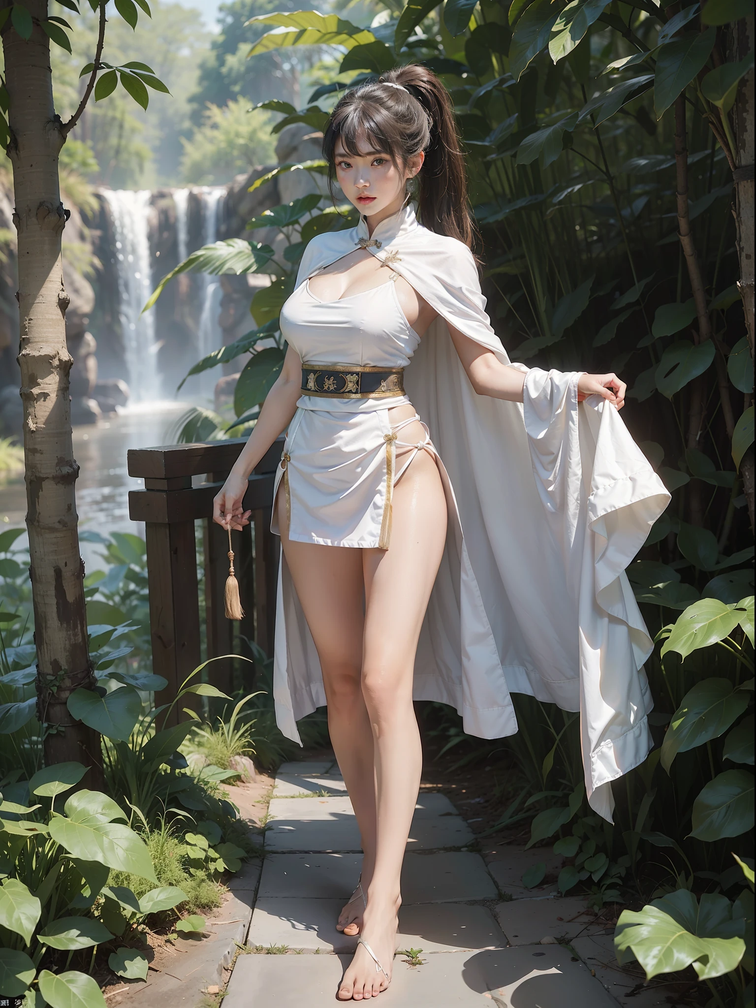 (Female: 1.2), (Big breasts: 1.2), (Qi bangs, ponytail), (White cape), (Ancient, heroine), Chivalry, Hanfu, (holding Tang Dao), (Tang Dao), standing in several forests, falling leaves, (bare breasts), (long legs), (barefoot), whole body, looking at the camera, masterpiece, realistic