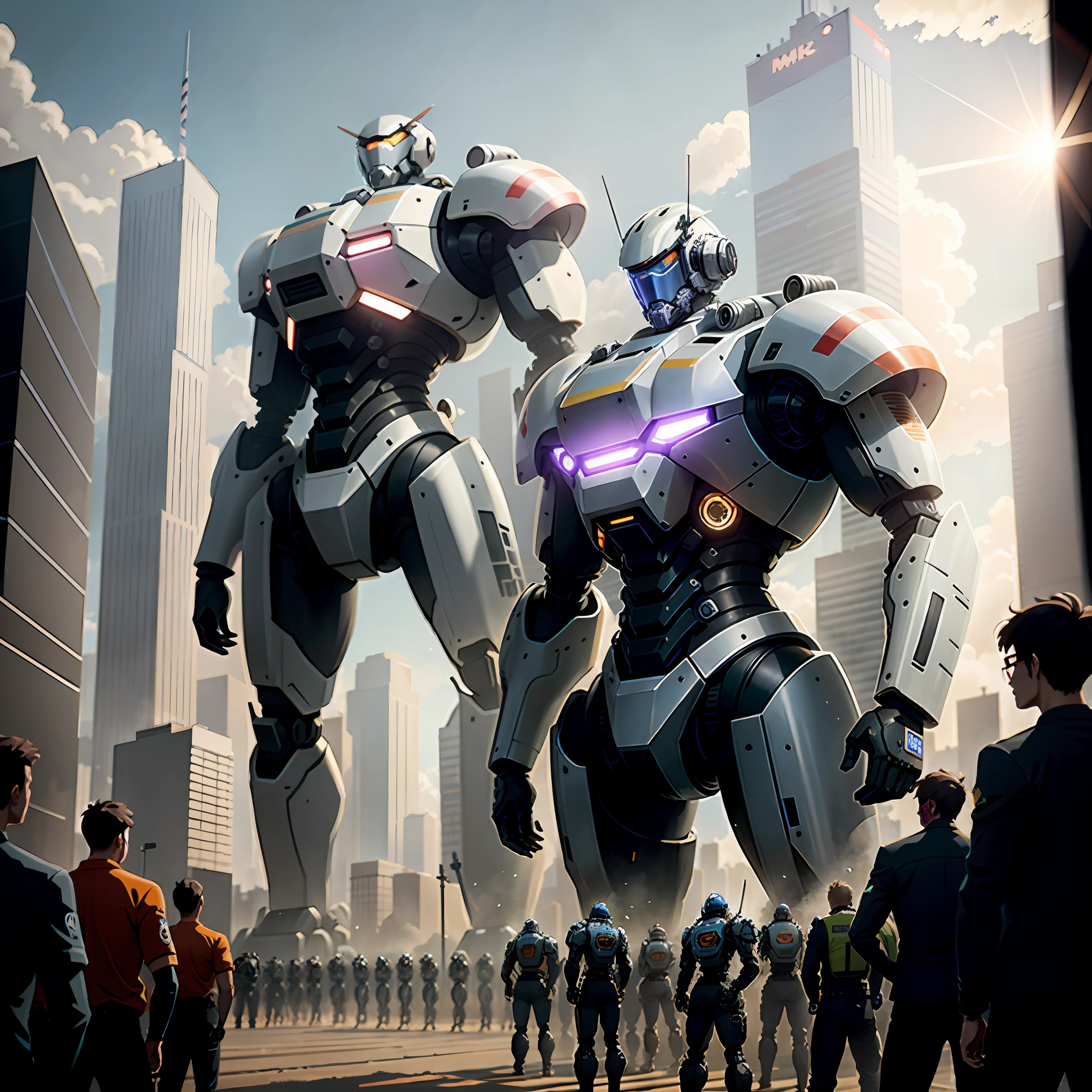 (dozens of mechs standing behind a man), clear HD, 8K resolution, very detailed, Tech City (1.2), digital painting, concept art, Shinkai Makoto style, pop popularization trend, pop, pop trend, pop trend on pixiv.